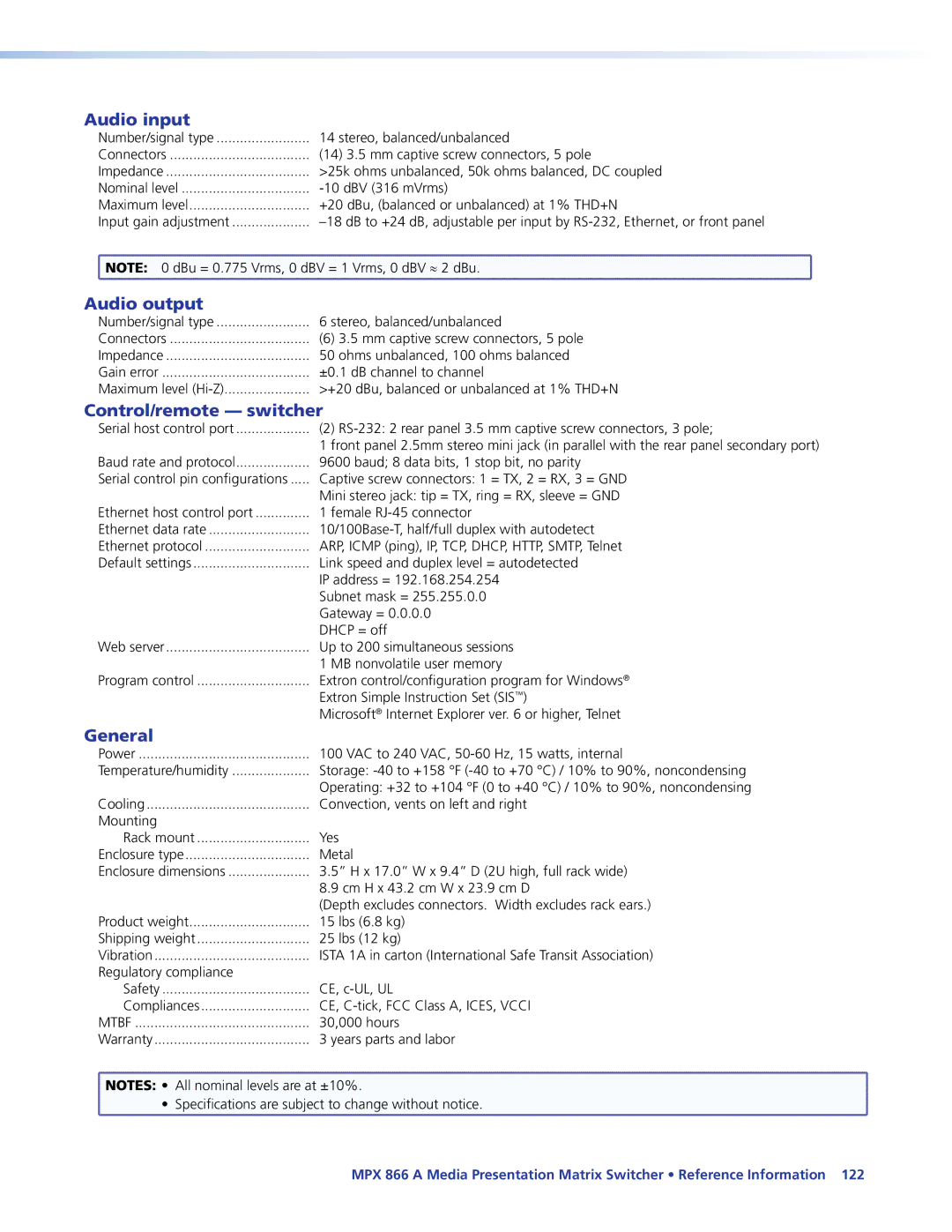 Extron electronic MPX 866 A manual Audio input, Audio output, Control/remote switcher, General 