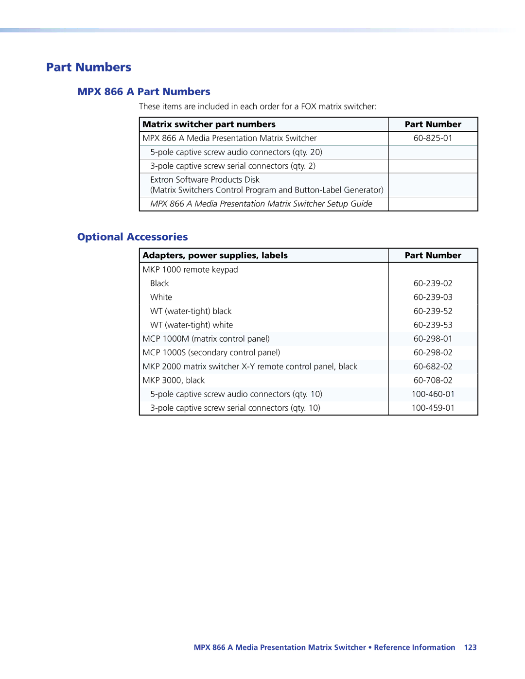 Extron electronic MPX 866 A MPX 866 a Part Numbers, Optional Accessories, Matrix switcher part numbers Part Number 