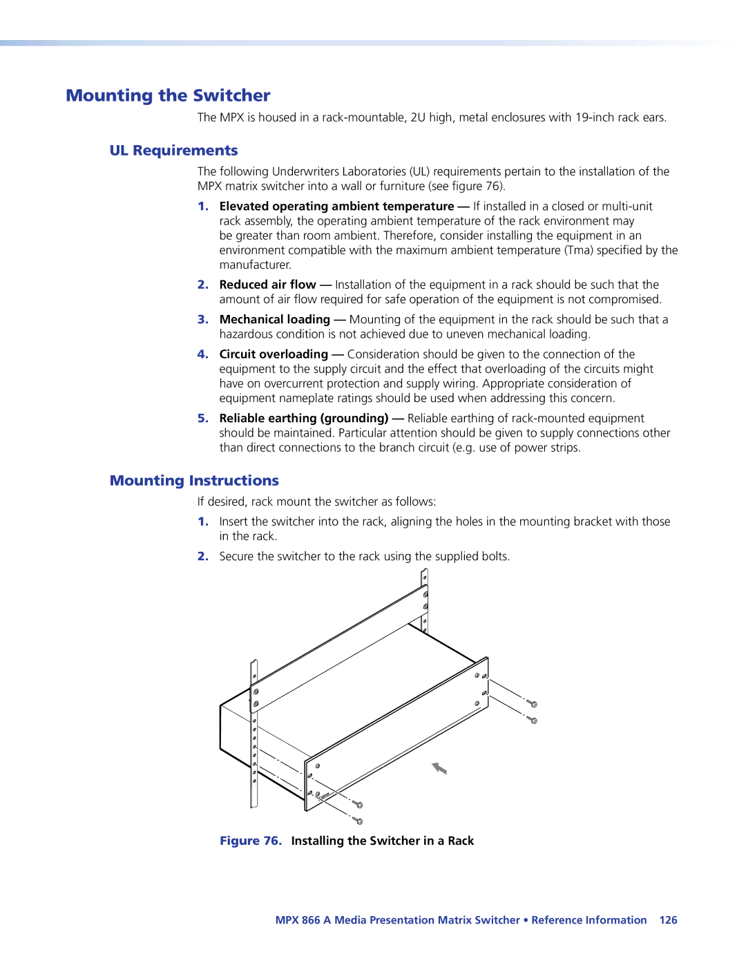 Extron electronic MPX 866 A manual Mounting the Switcher, UL Requirements, Mounting Instructions 