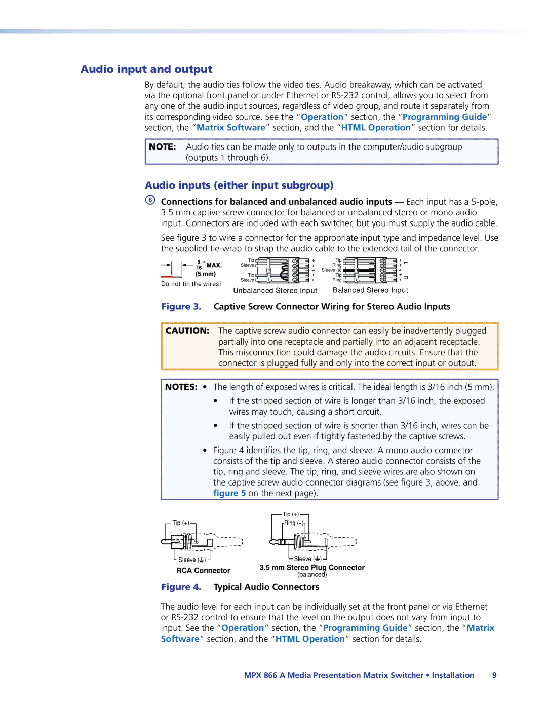 Extron electronic MPX 866 A manual Audio input and output, Audio inputs either input subgroup 