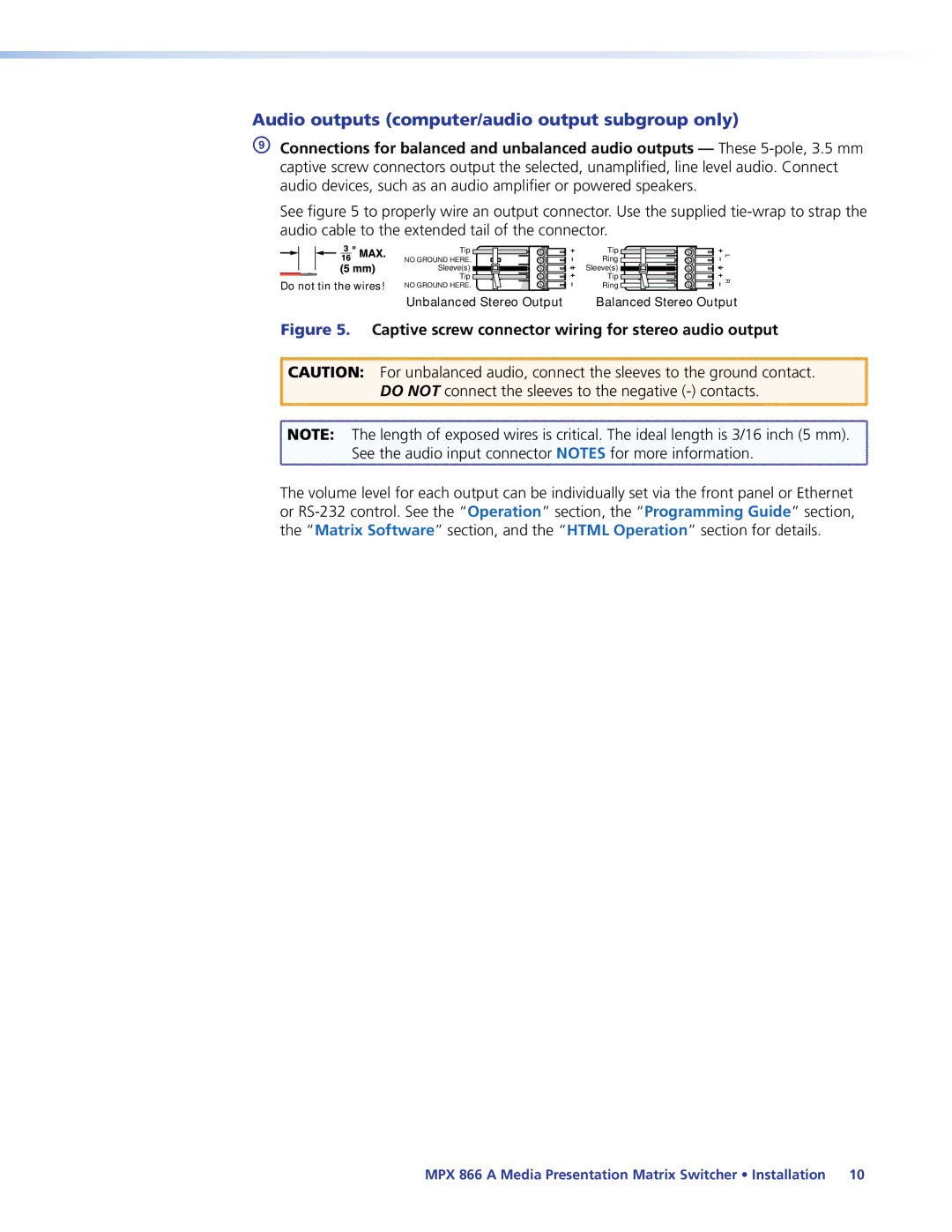 Extron electronic MPX 866 A manual Audio outputs computer/audio output subgroup only 