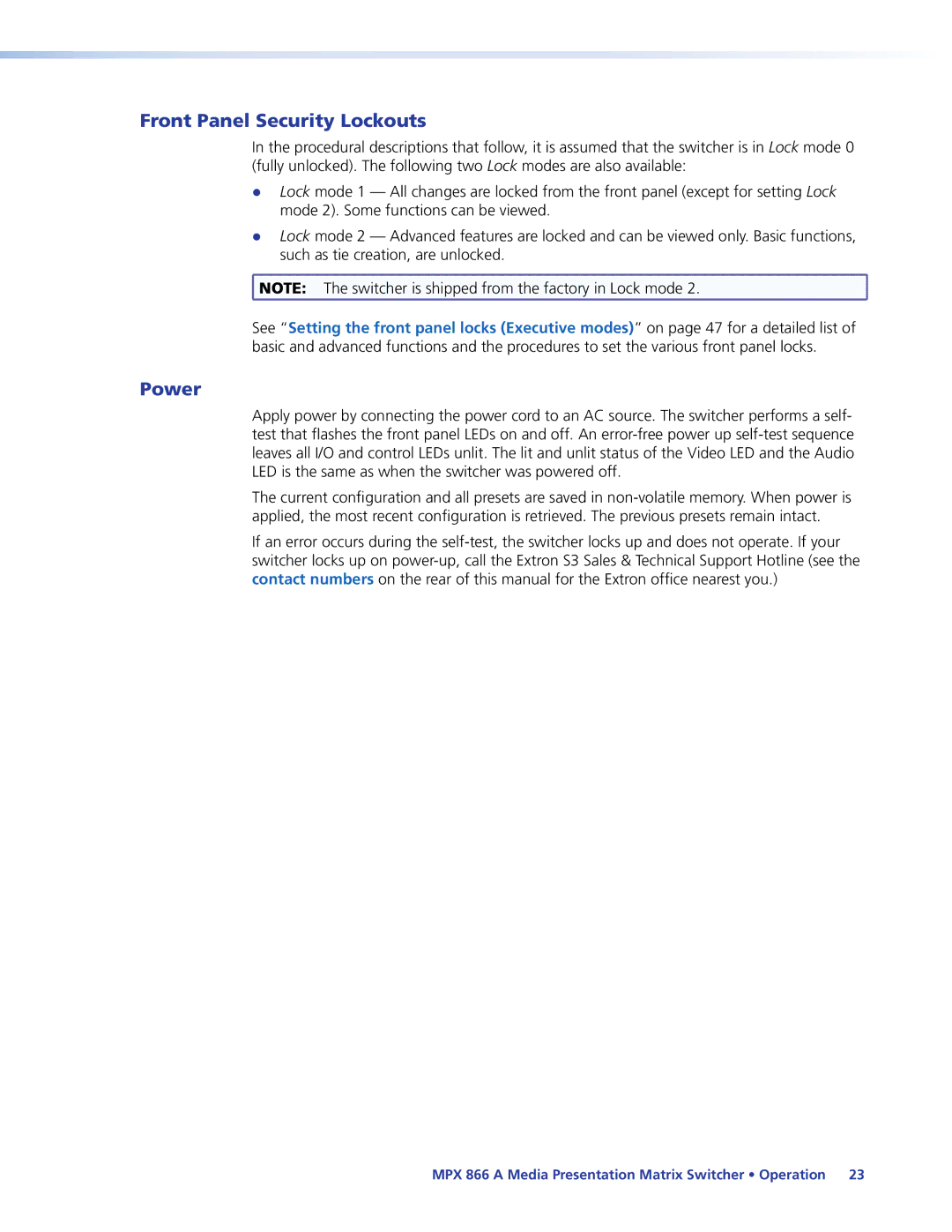 Extron electronic MPX 866 A manual Front Panel Security Lockouts, Power 