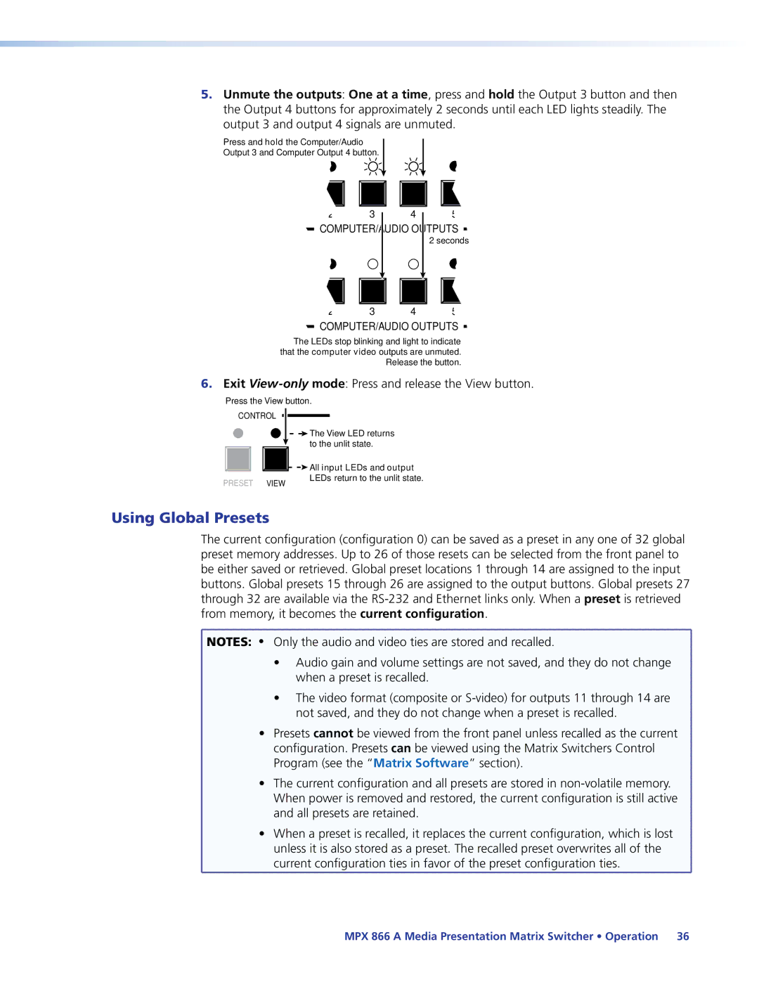 Extron electronic MPX 866 A manual Using Global Presets, Exit View-onlymode Press and release the View button 