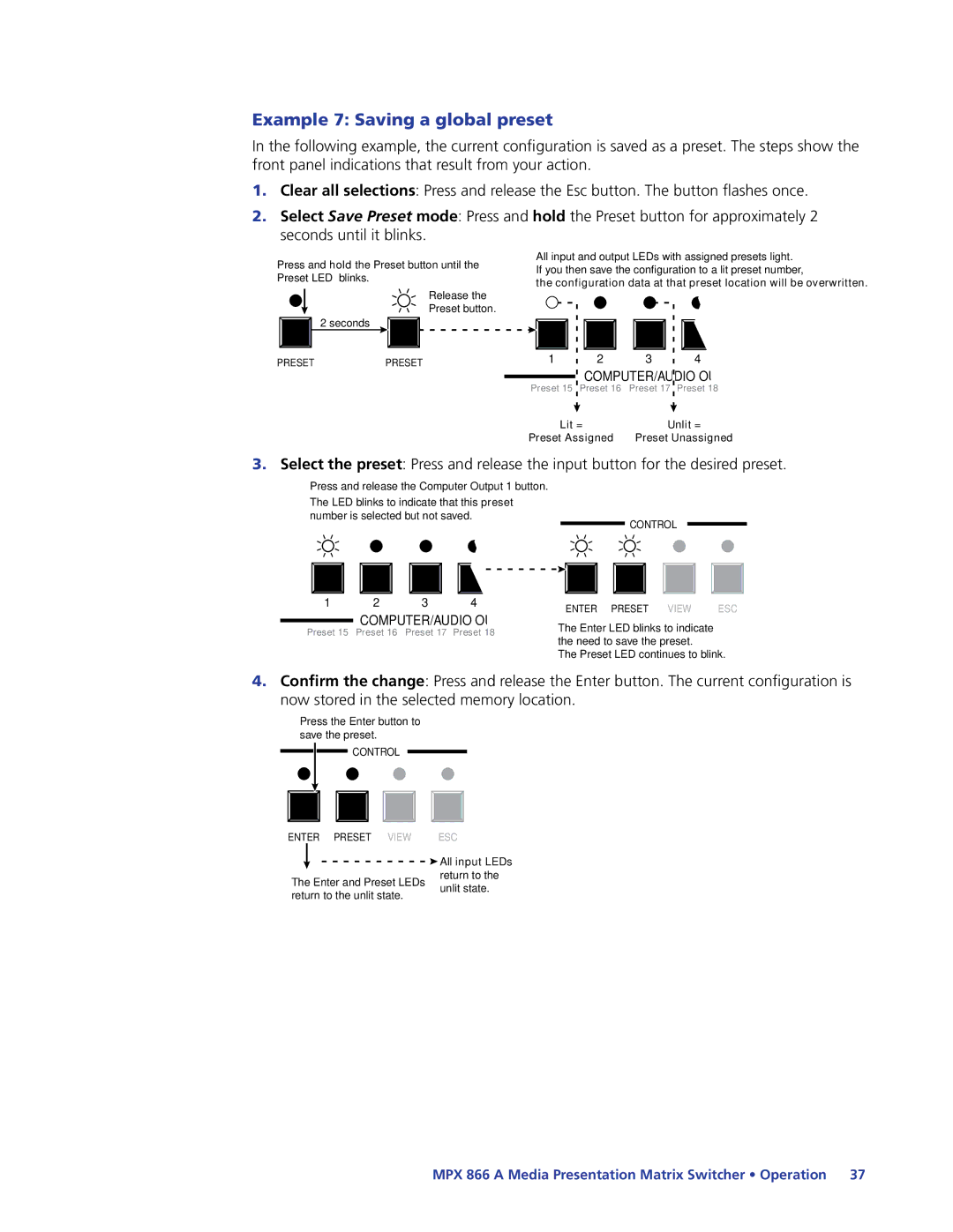 Extron electronic MPX 866 A manual Example 7 Saving a global preset 