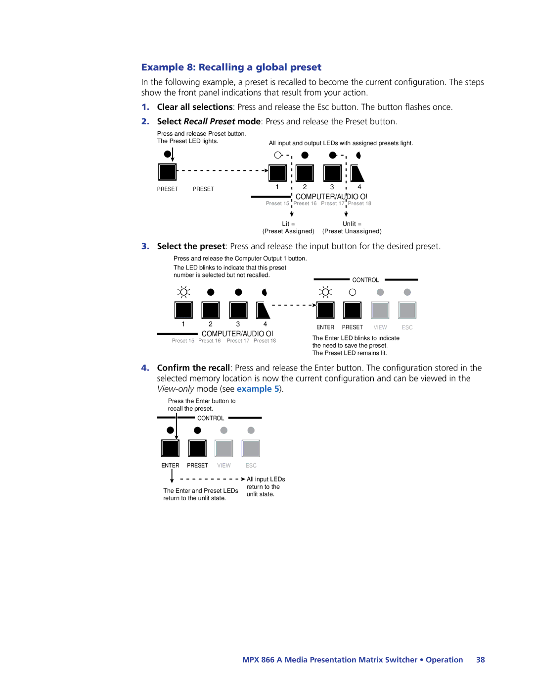 Extron electronic MPX 866 A manual Example 8 Recalling a global preset 