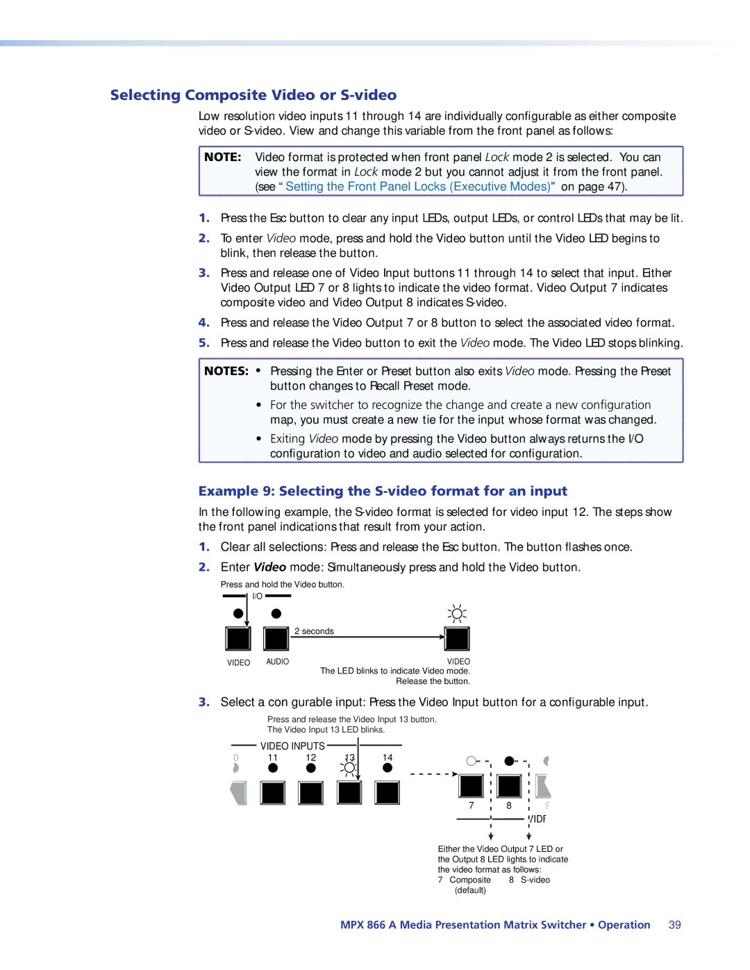 Extron electronic MPX 866 A Selecting Composite Video or S-video, Example 9 Selecting the S-video format for an input 