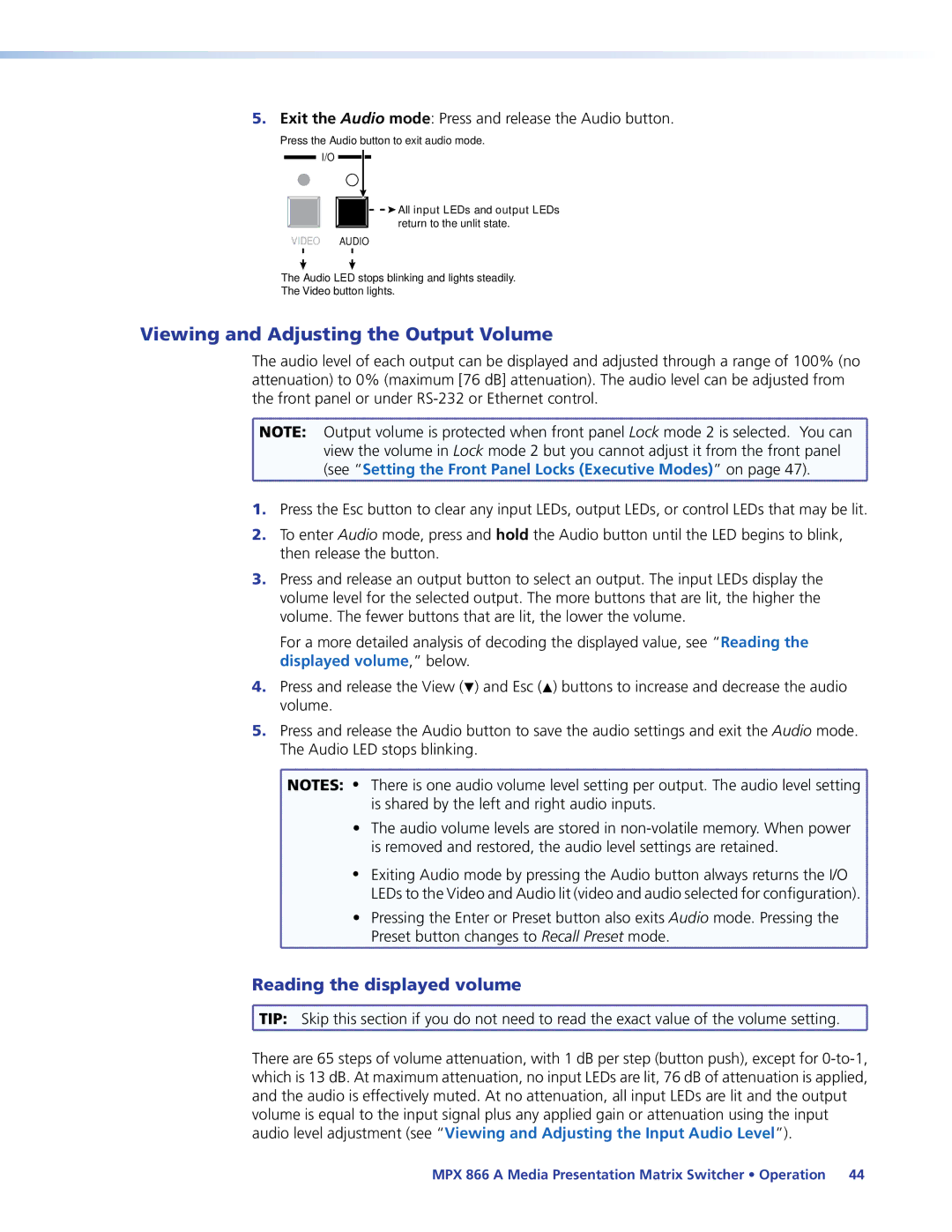 Extron electronic MPX 866 A manual Viewing and Adjusting the Output Volume, Reading the displayed volume 