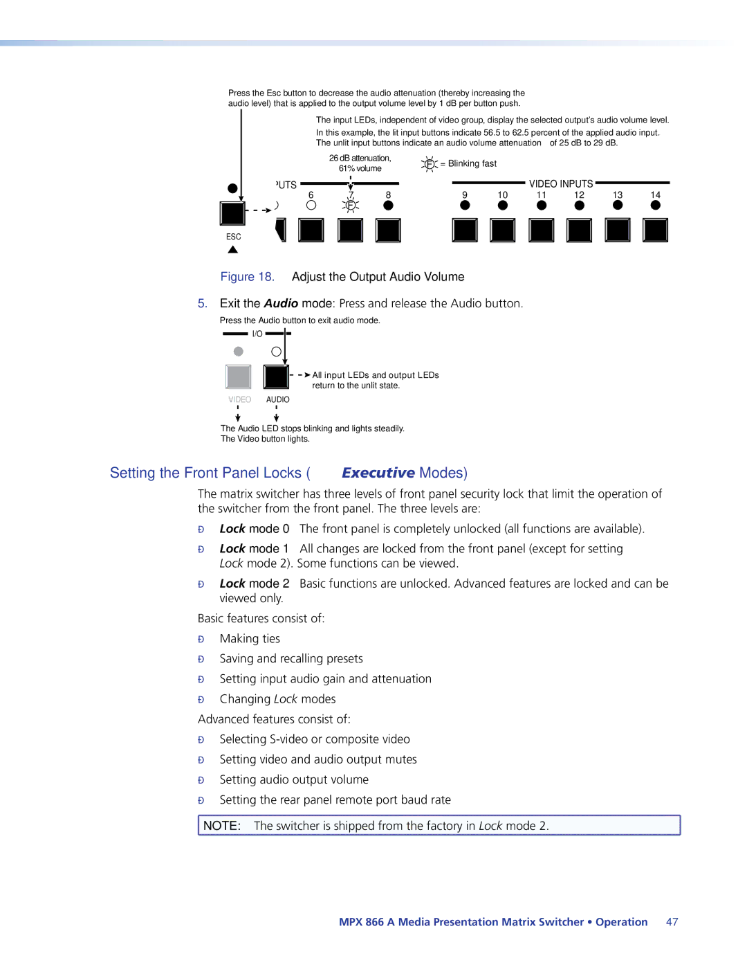 Extron electronic MPX 866 A manual Setting the Front Panel Locks Executive Modes, Adjust the Output Audio Volume 