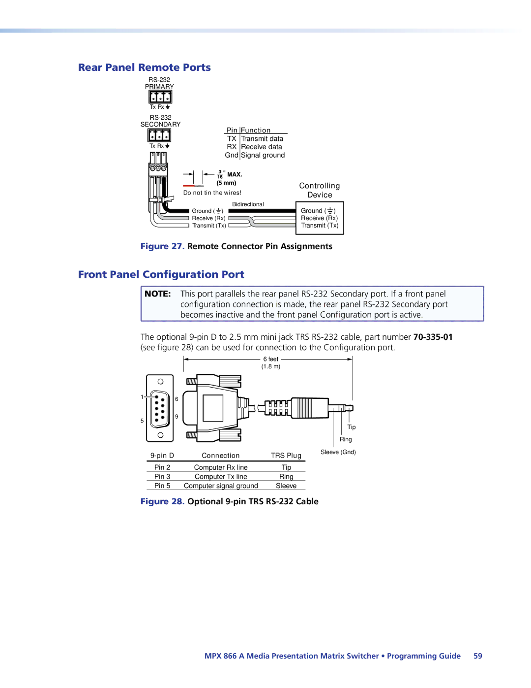 Extron electronic MPX 866 A manual Rear Panel Remote Ports, Front Panel Configuration Port 