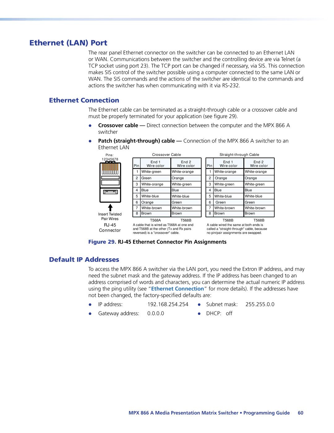 Extron electronic MPX 866 A manual Ethernet LAN Port, Default IP Addresses, Dhcp off 