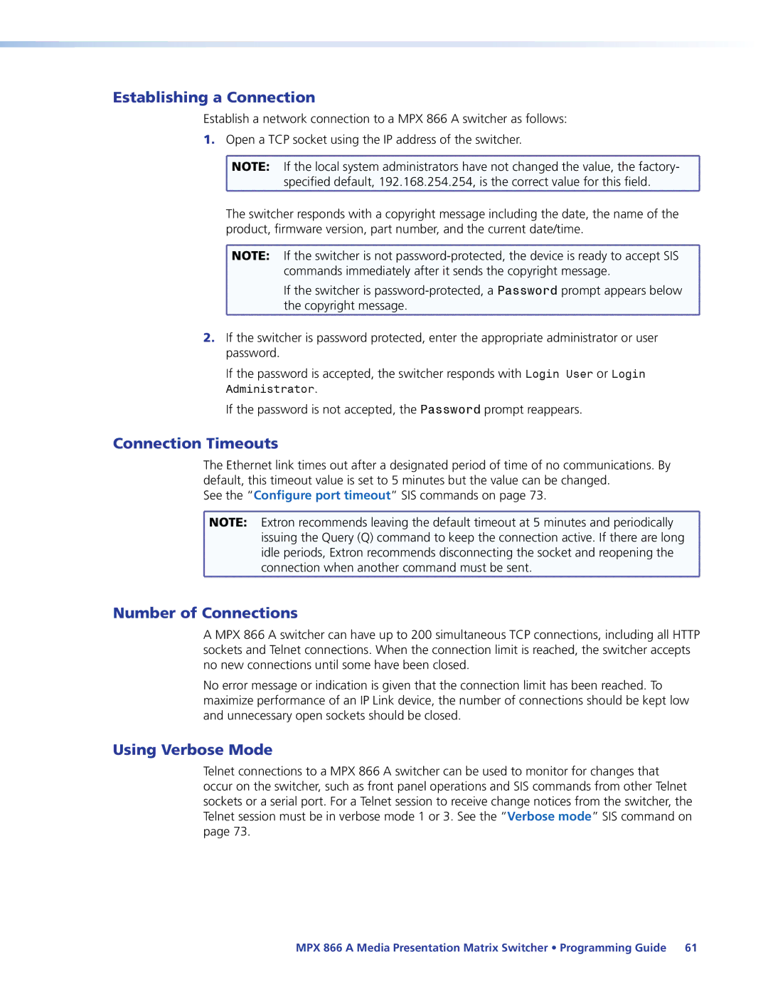 Extron electronic MPX 866 A Establishing a Connection, Connection Timeouts, Number of Connections, Using Verbose Mode 
