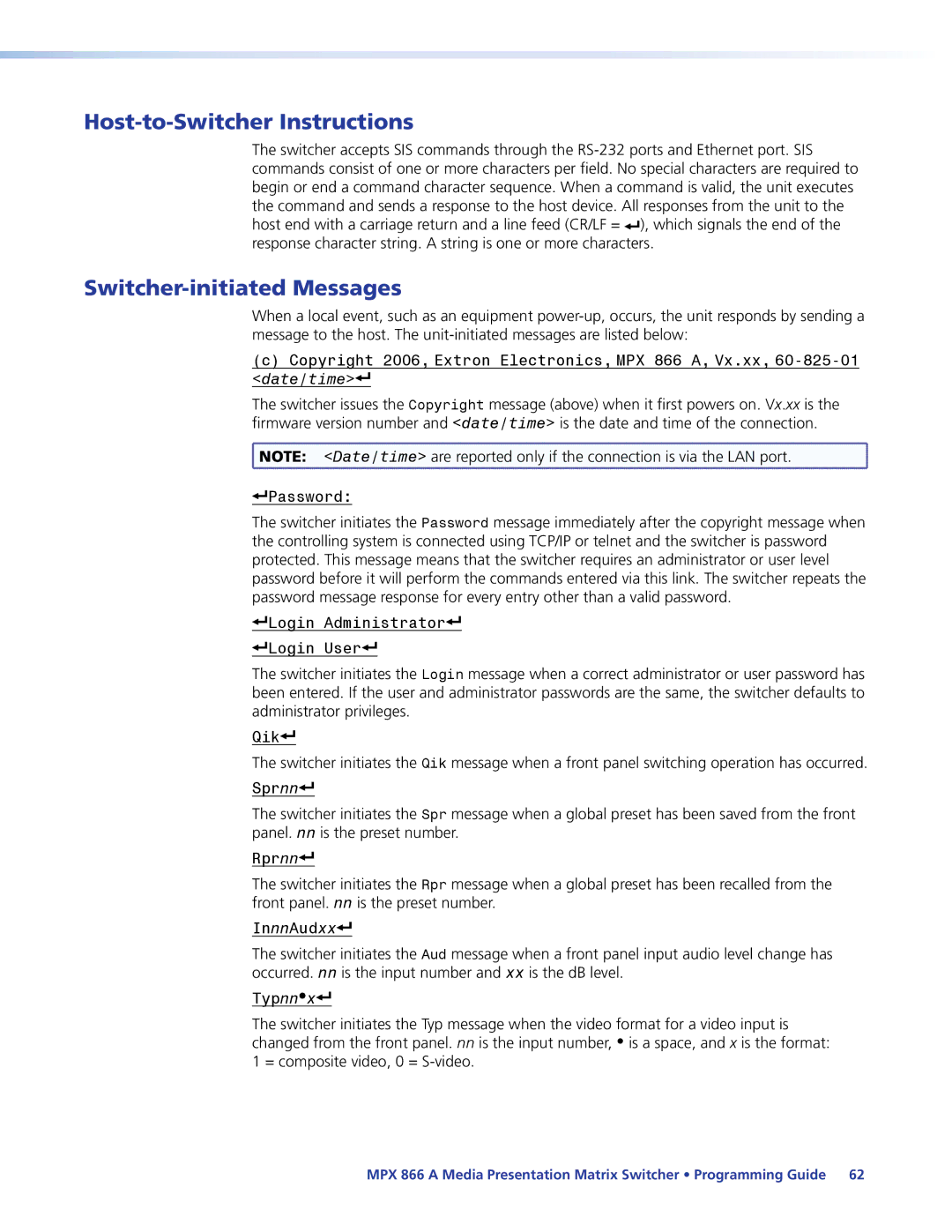 Extron electronic MPX 866 A manual Host-to-Switcher Instructions, Switcher-initiated Messages 