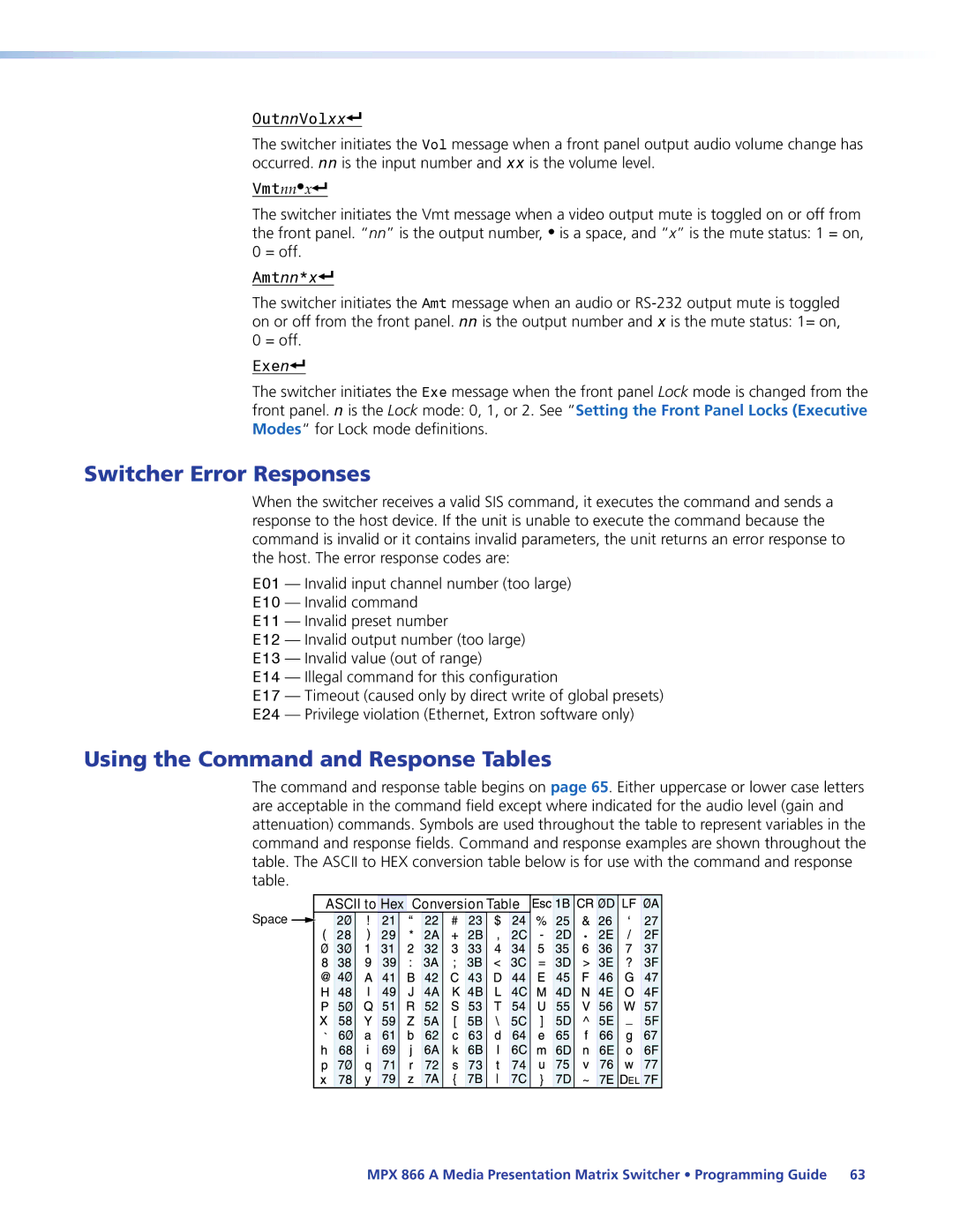 Extron electronic MPX 866 A manual Switcher Error Responses, Using the Command and Response Tables 