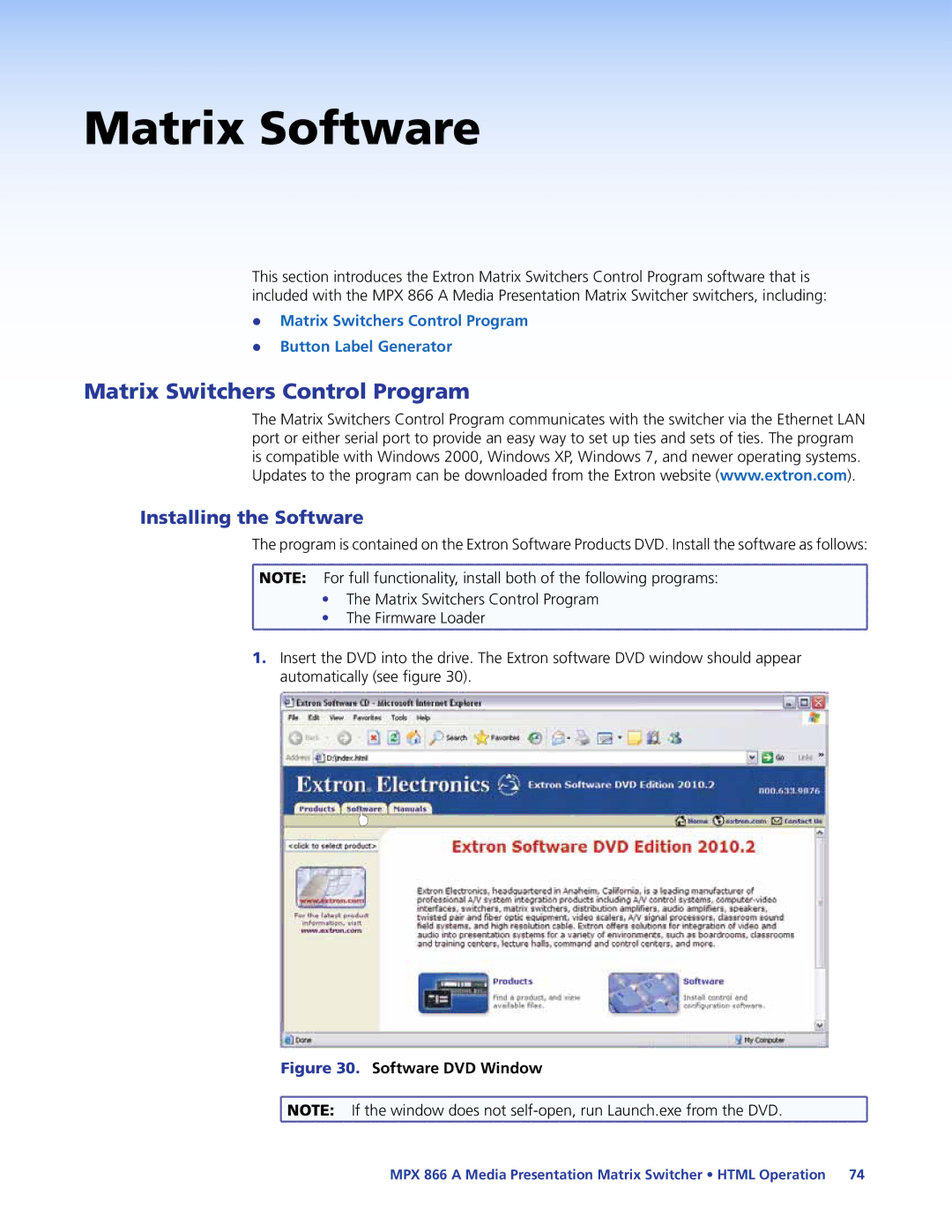 Extron electronic MPX 866 A manual Matrix Switchers Control Program, Installing the Software 