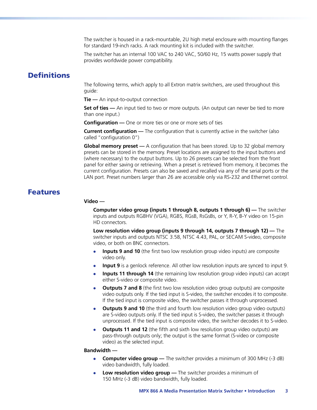 Extron electronic MPX 866 A manual Definitions, Features, Bandwidth 