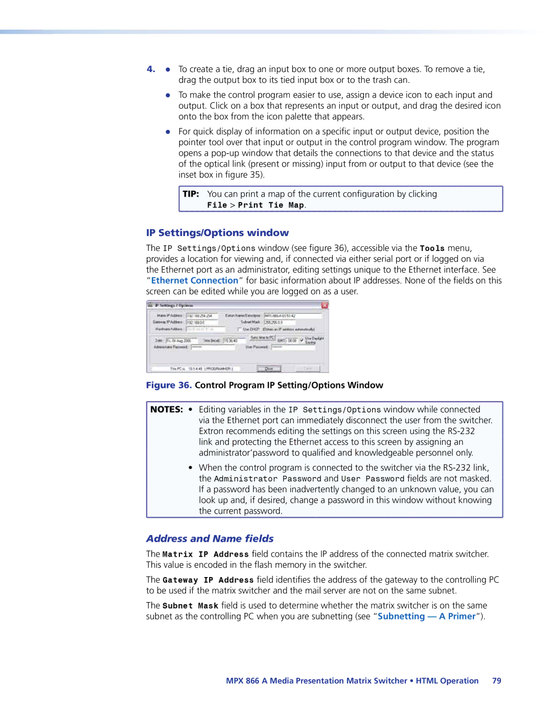 Extron electronic MPX 866 A manual IP Settings/Options window, Address and Name fields 