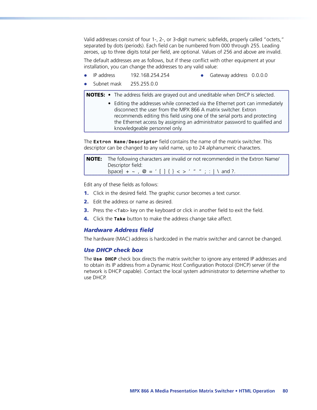 Extron electronic MPX 866 A manual Hardware Address field, Use Dhcp check box 