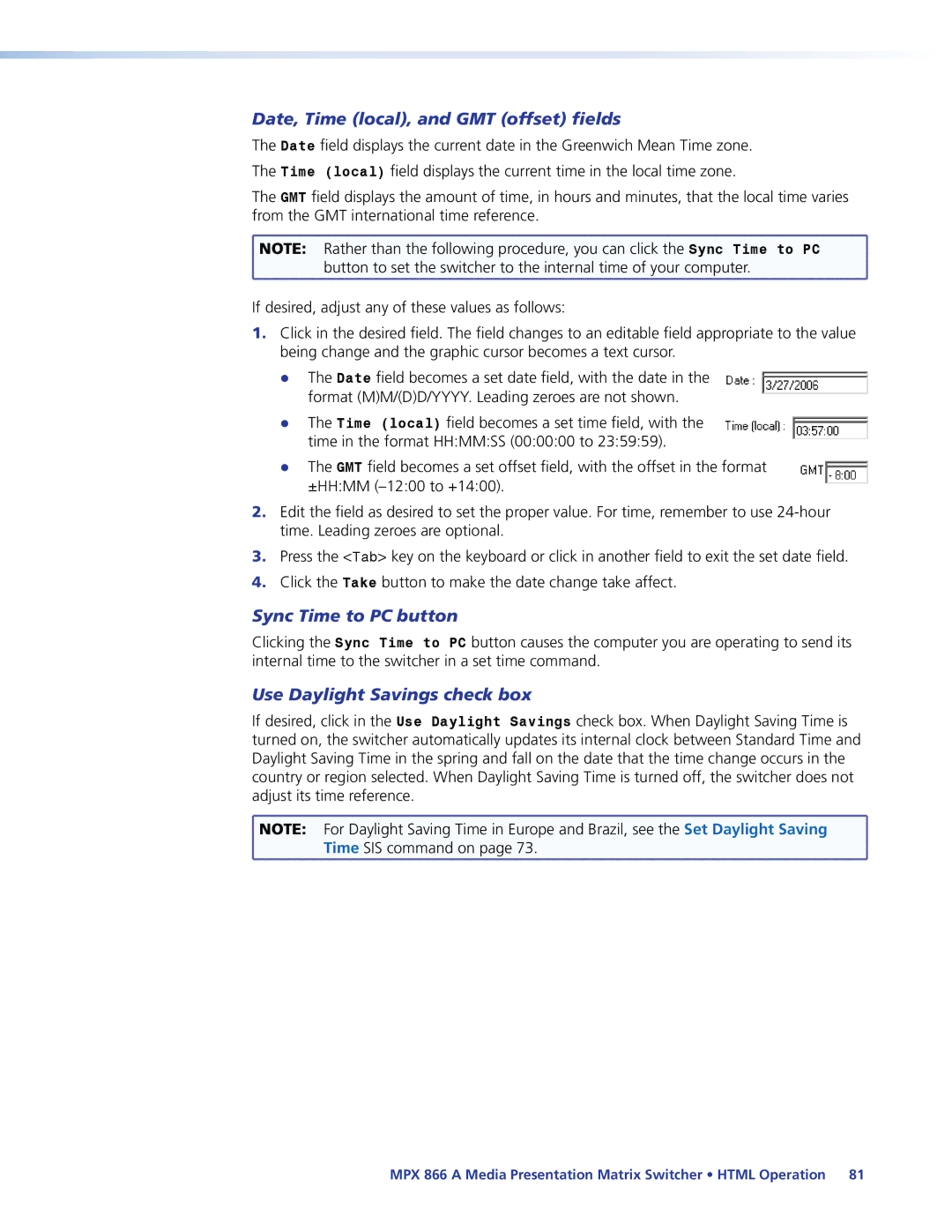 Extron electronic MPX 866 A manual Date, Time local, and GMT offset fields, Sync Time to PC button 