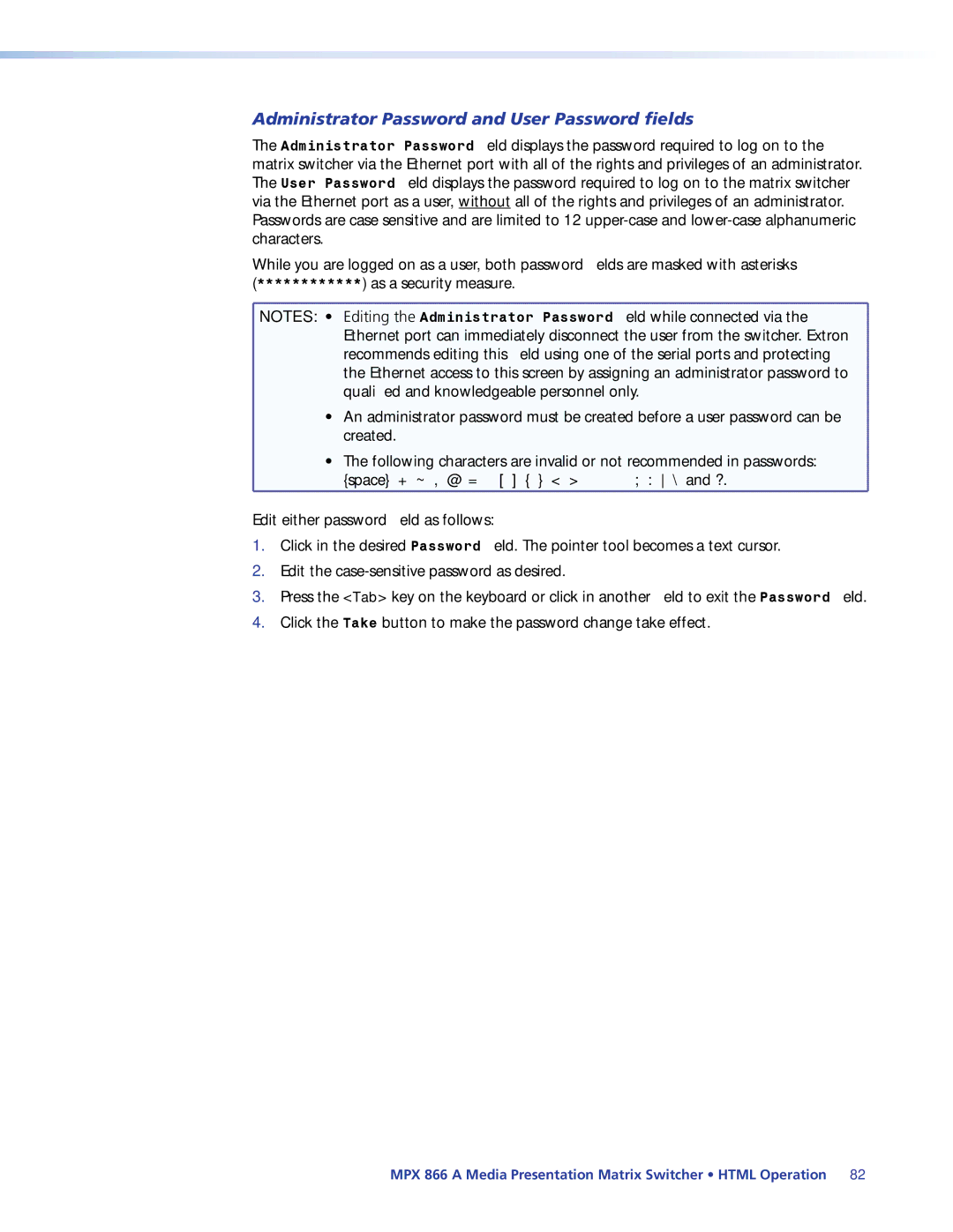 Extron electronic MPX 866 A manual Administrator Password and User Password fields 