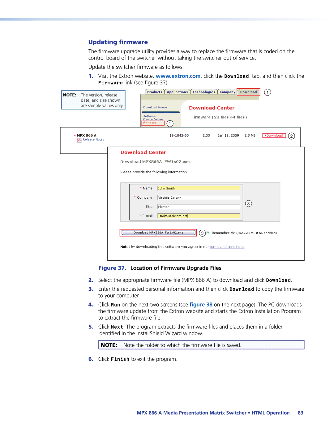 Extron electronic MPX 866 A manual Updating firmware, Location of Firmware Upgrade Files 