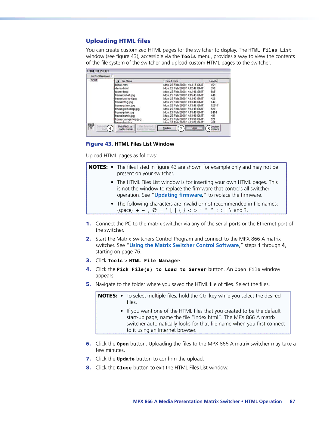 Extron electronic MPX 866 A manual Uploading Html files, Html Files List Window 