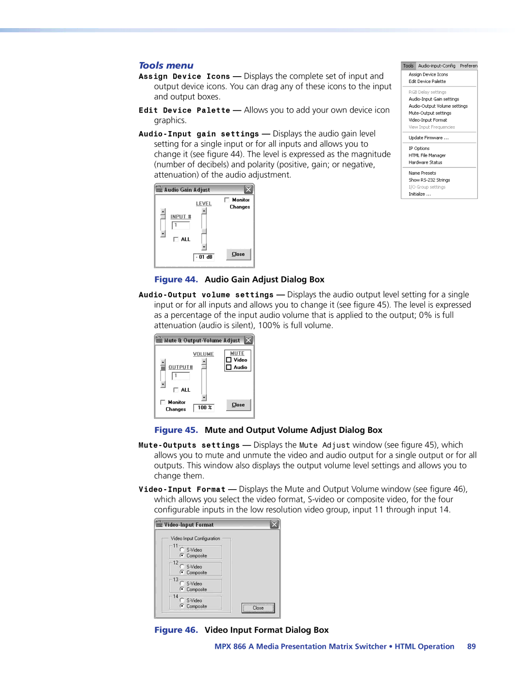 Extron electronic MPX 866 A manual Tools menu, Audio Gain Adjust Dialog Box 