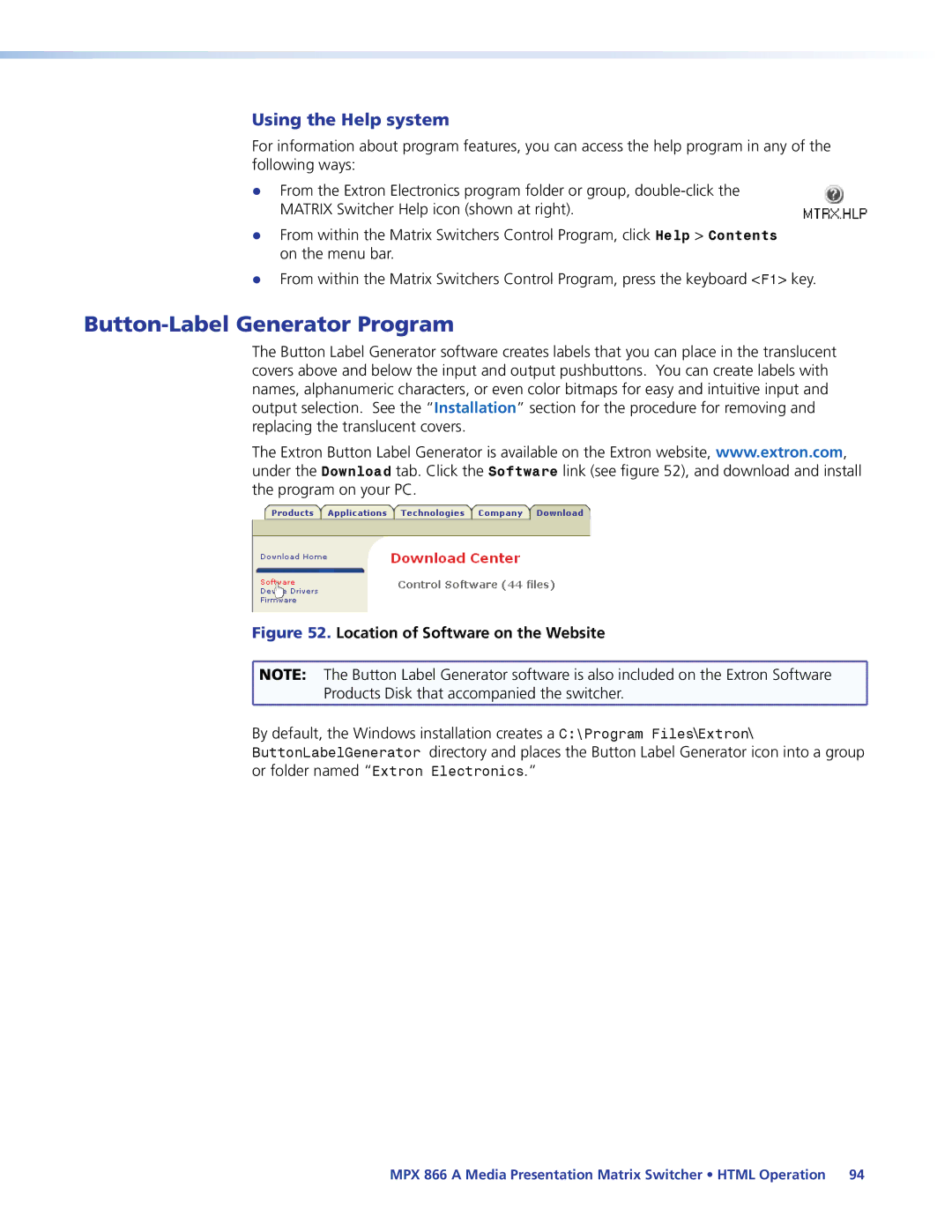 Extron electronic MPX 866 A manual Button-Label Generator Program, Using the Help system 