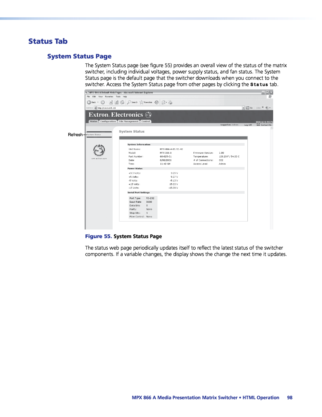 Extron electronic manual Status Tab, System Status Page, MPX 866 A Media Presentation Matrix Switcher HTML Operation 