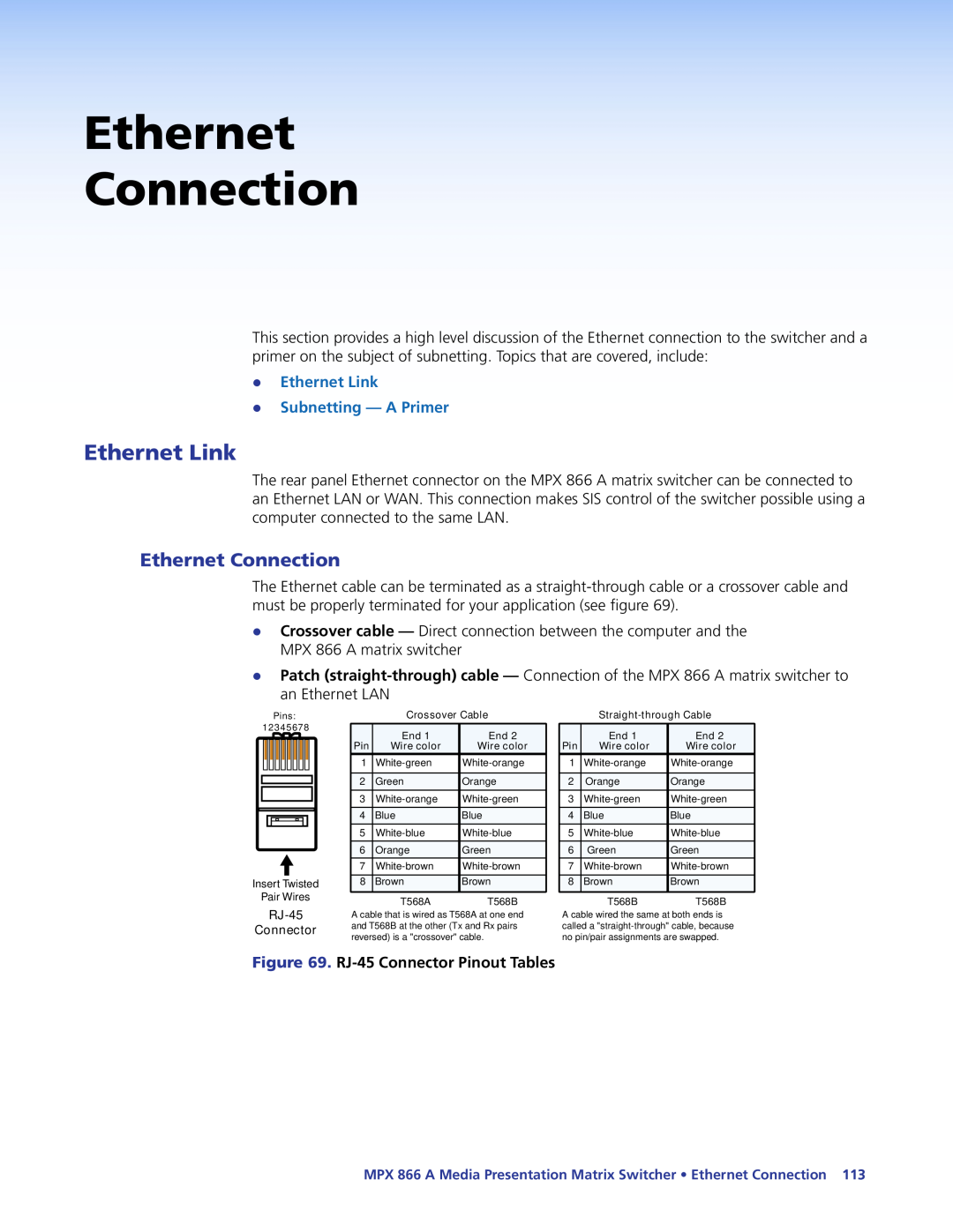 Extron electronic MPX 866 A manual Ethernet Connection, zz Ethernet Link zz Subnetting - A Primer 