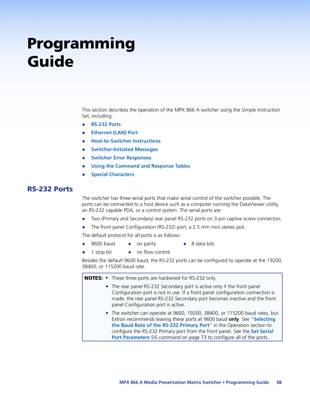 Extron electronic MPX 866 A manual Programming Guide, zz RS-232 Ports zz Ethernet LAN Port, zz 9600 baud, zz 1 stop bit 