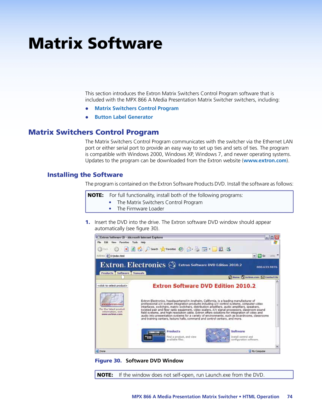 Extron electronic MPX 866 A manual Matrix Software, Matrix Switchers Control Program, Installing the Software 