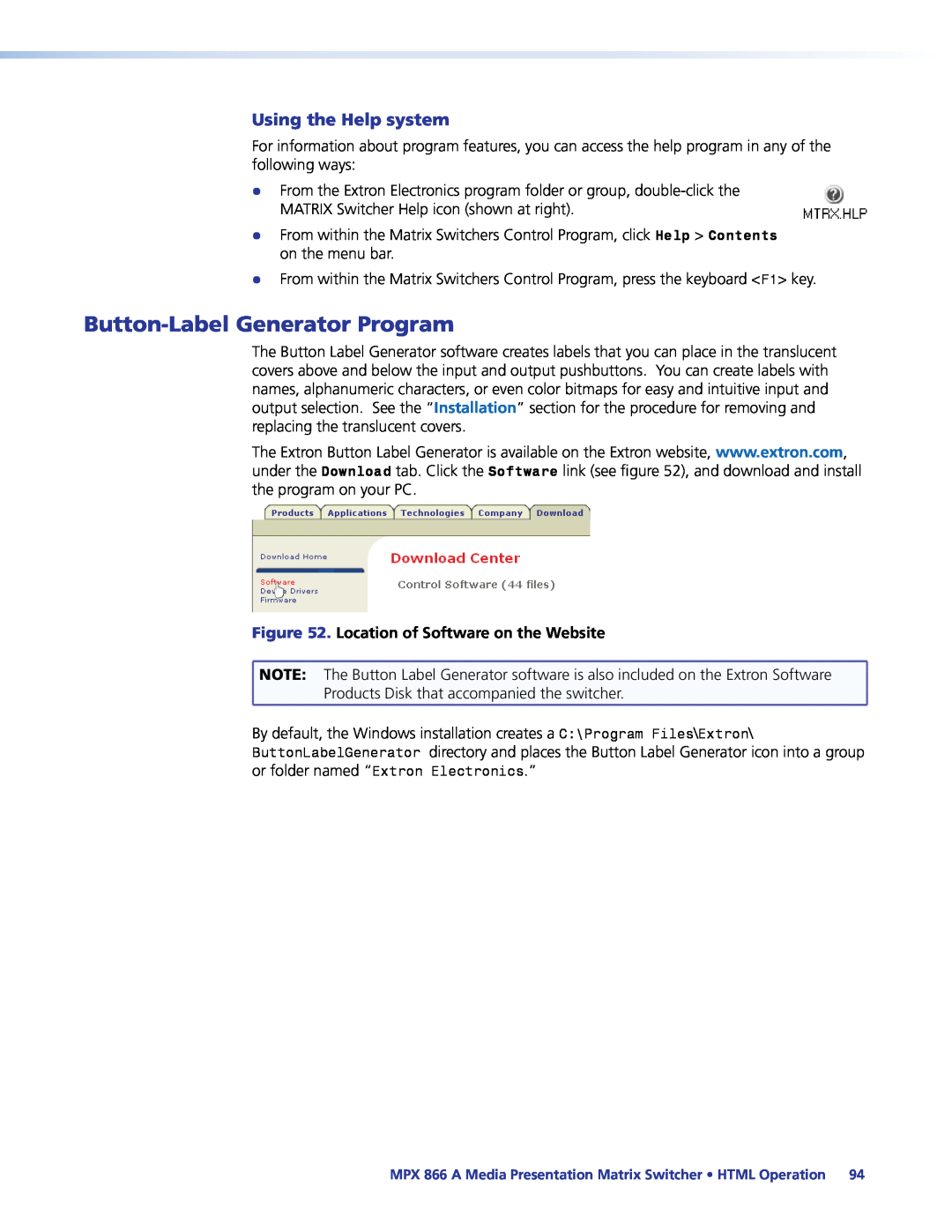 Extron electronic MPX 866 A Button-Label Generator Program, Using the Help system, Location of Software on the Website 
