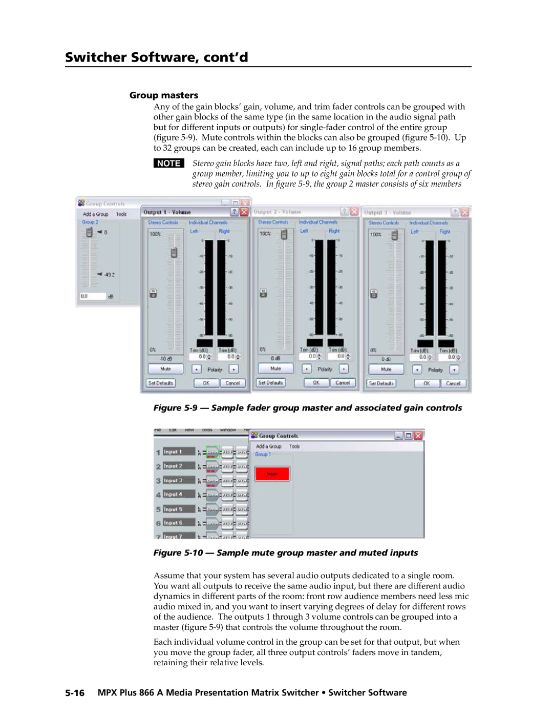 Extron electronic MPX Plus 866 A manual Group masters, Sample fader group master and associated gain controls 