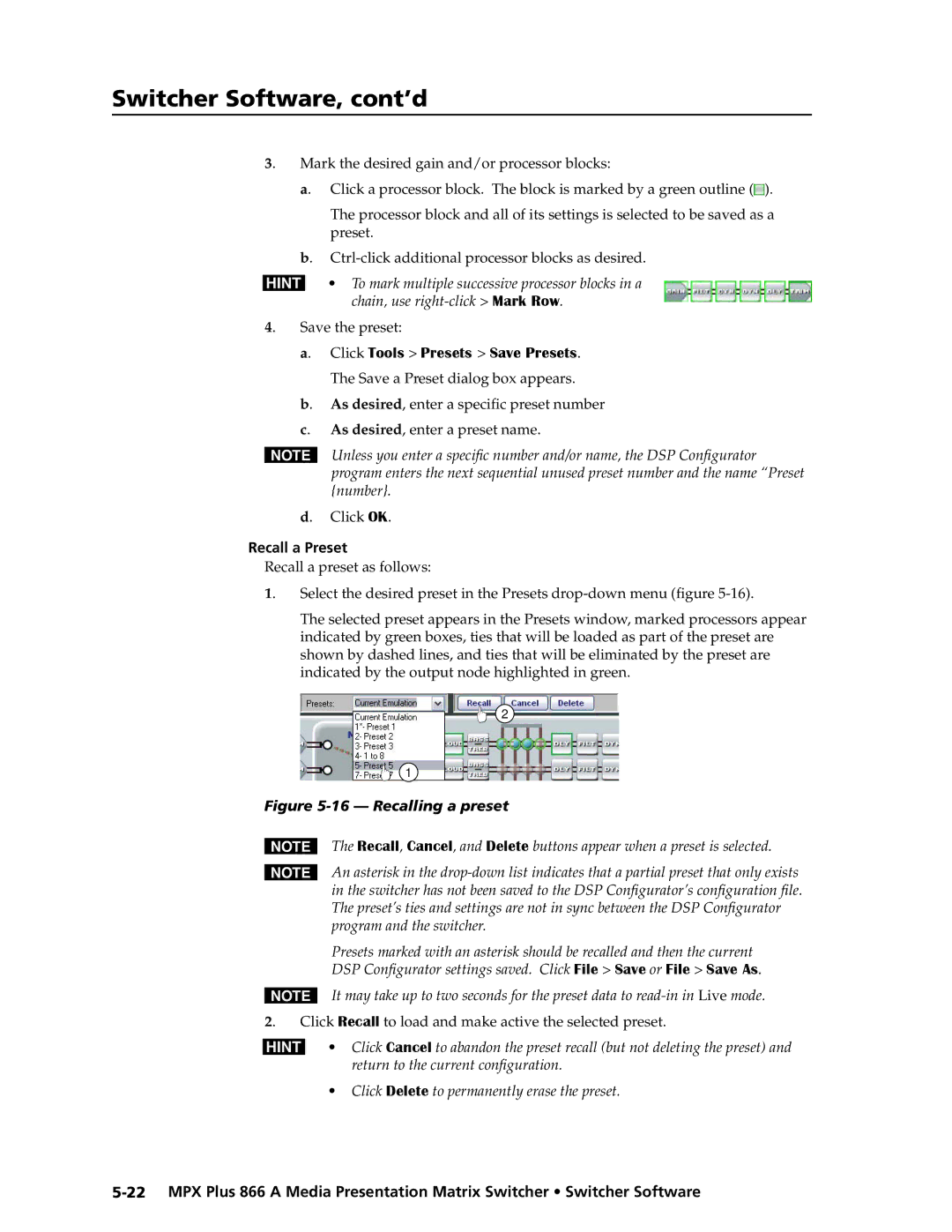 Extron electronic MPX Plus 866 A manual Save the preset, Click OK, Recall a Preset 