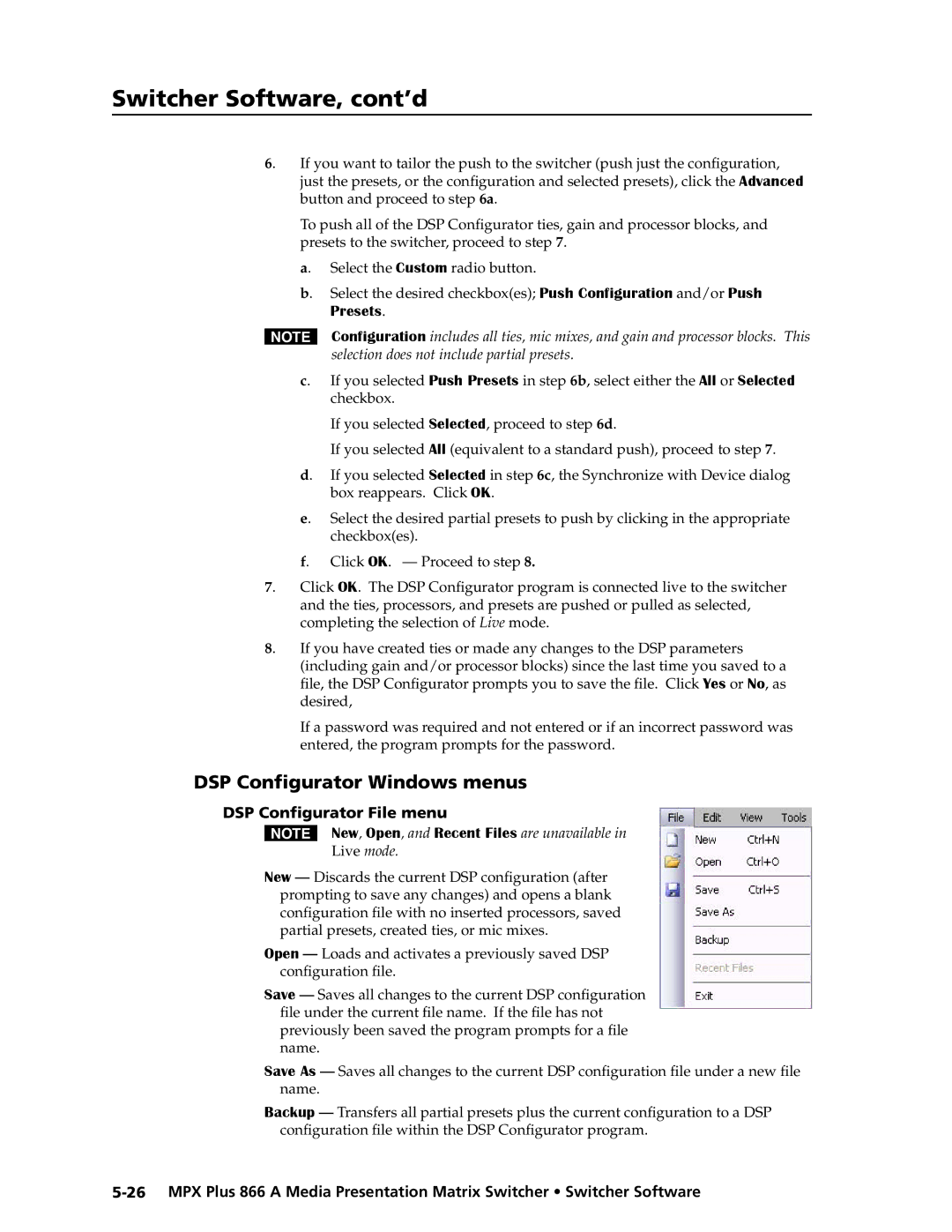 Extron electronic MPX Plus 866 A manual DSP Configurator Windows menus, DSP Configurator File menu 