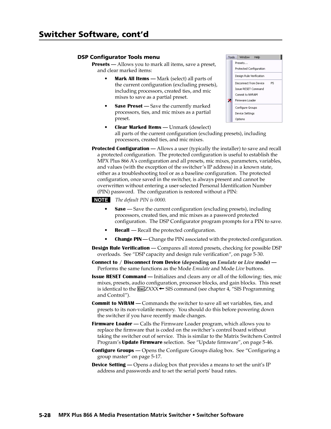 Extron electronic MPX Plus 866 A manual DSP Configurator Tools menu, Clear Marked Items Unmark deselect 