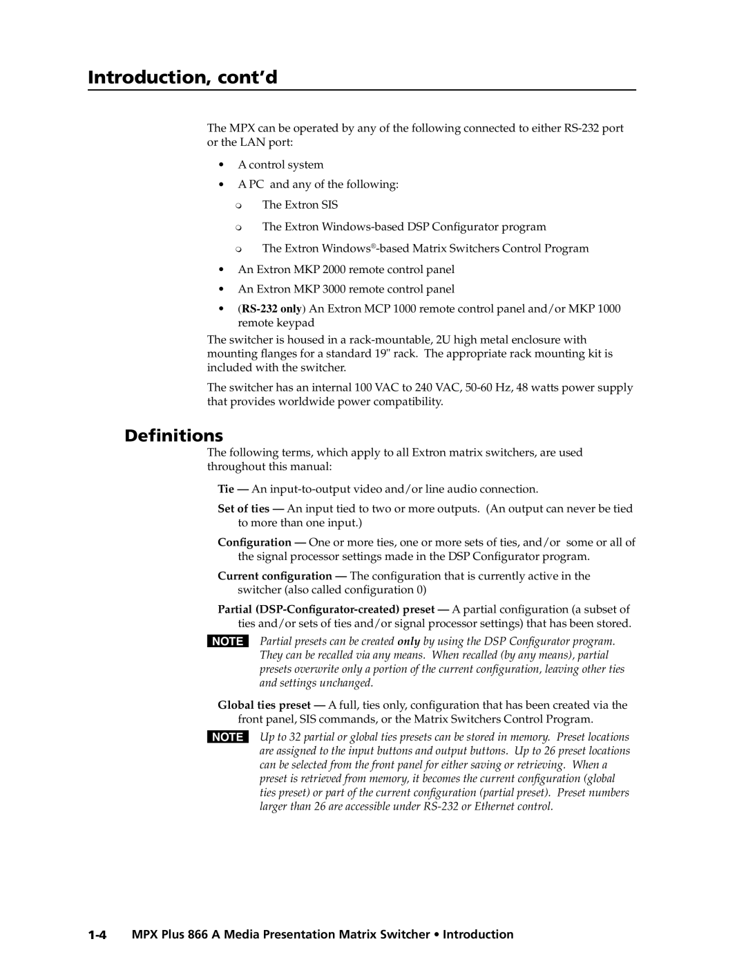 Extron electronic MPX Plus 866 A manual Introduction, cont’d, Definitions 