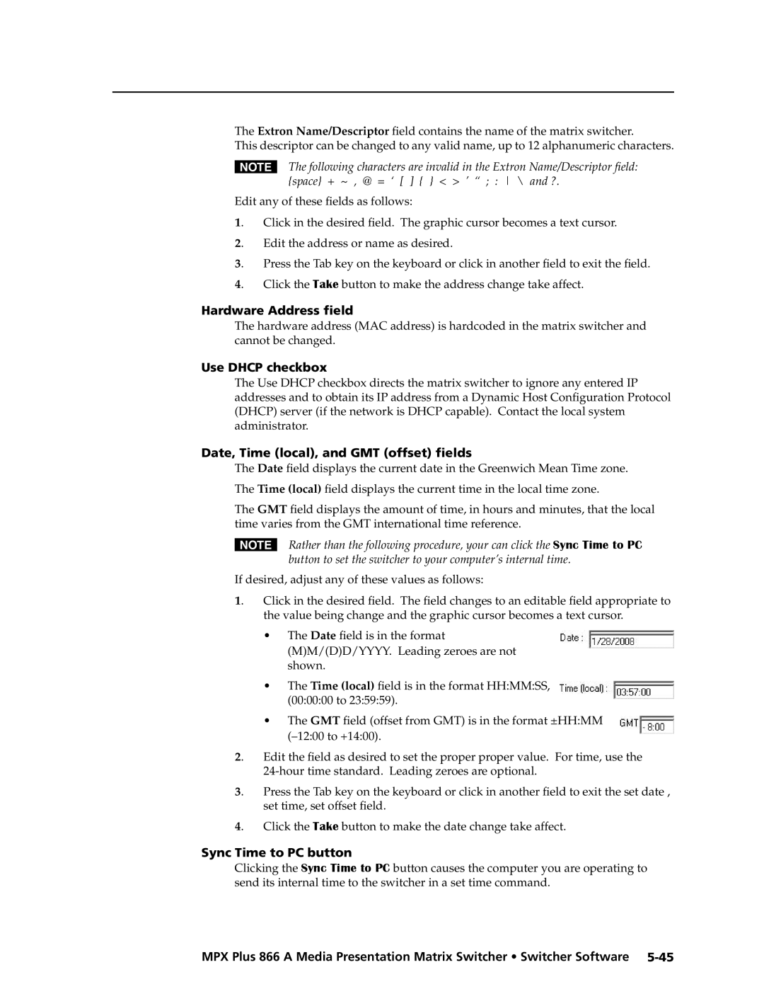 Extron electronic MPX Plus 866 A manual Hardware Address field, Use Dhcp checkbox, Date, Time local, and GMT offset fields 