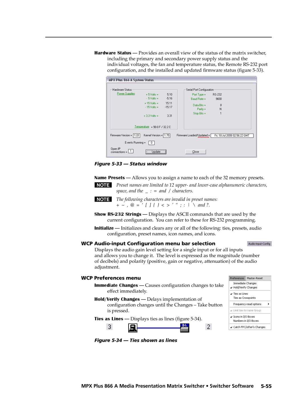 Extron electronic MPX Plus 866 A manual WCP Audio-input Configuration menu bar selection, WCP Preferences menu 