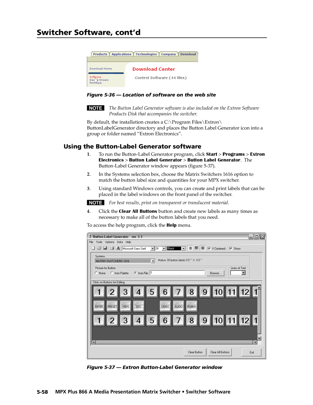 Extron electronic MPX Plus 866 A manual Using the Button-Label Generator software, Location of software on the web site 