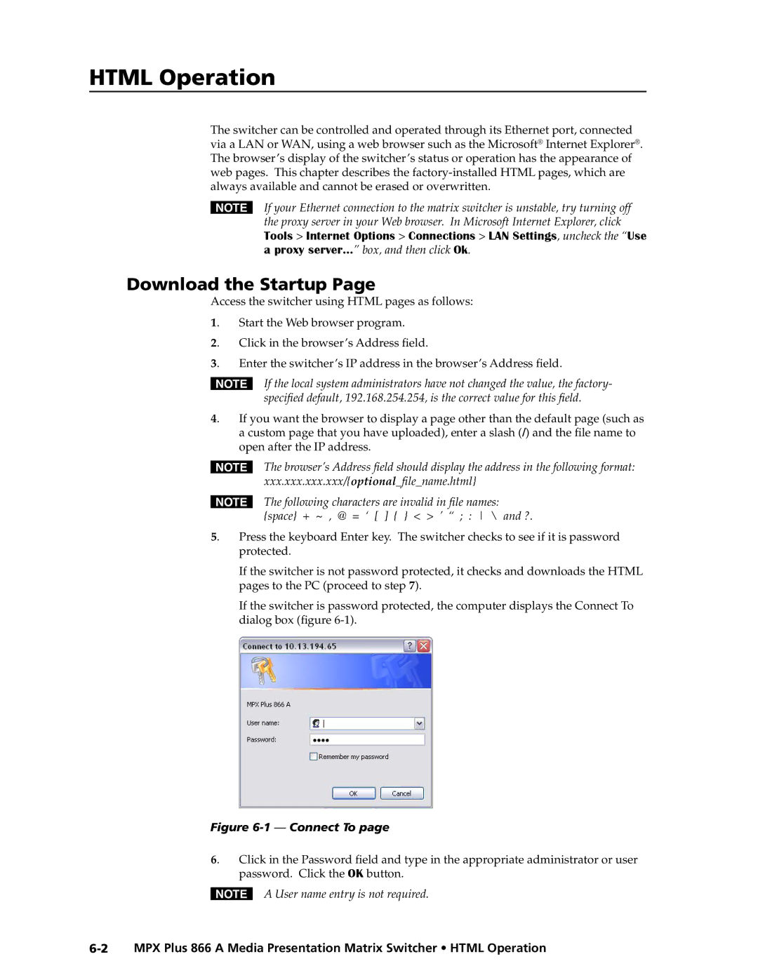 Extron electronic MPX Plus 866 A manual Download the Startup, Access the switcher using Html pages as follows, Protected 