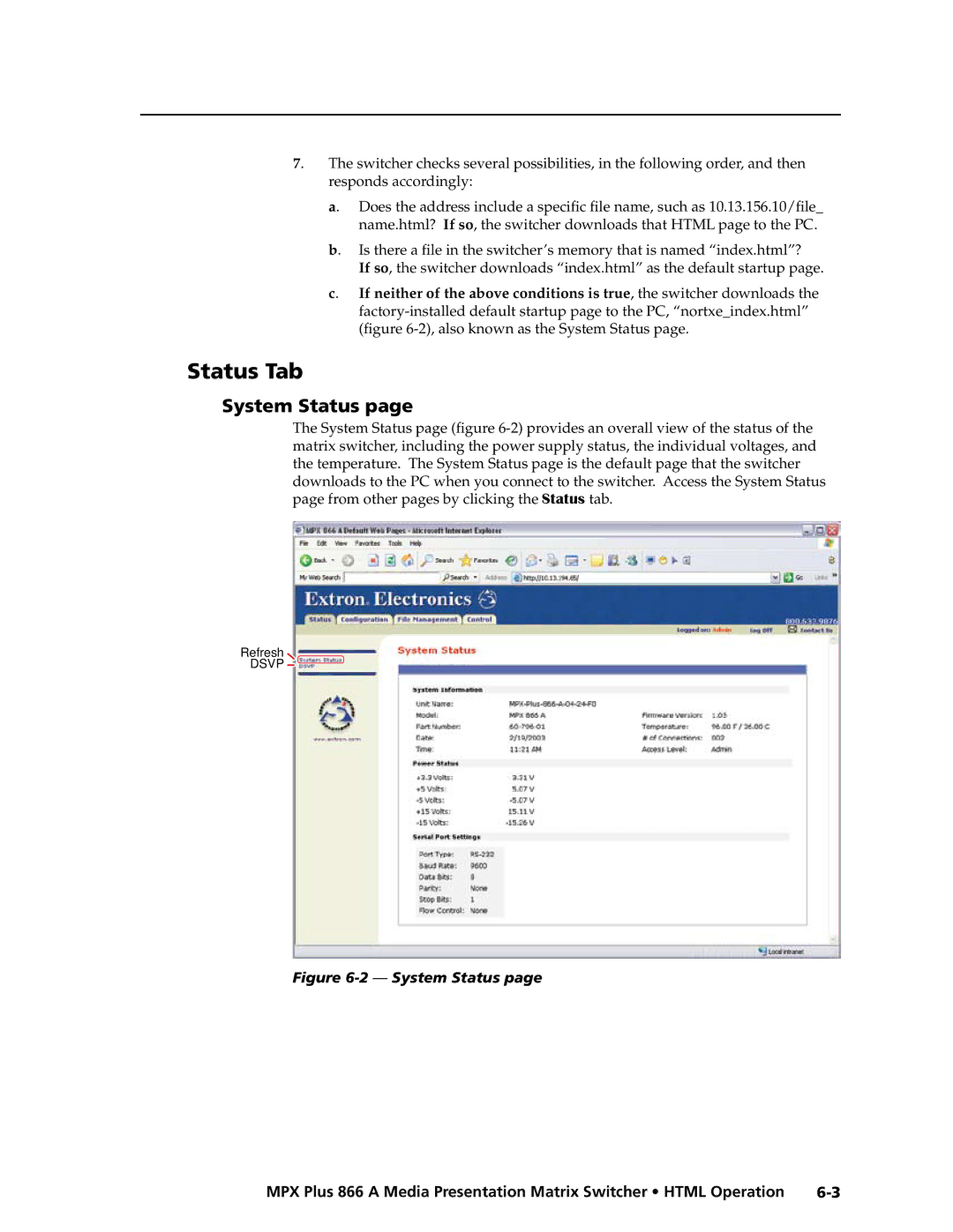 Extron electronic MPX Plus 866 A manual Status Tab, System Status 