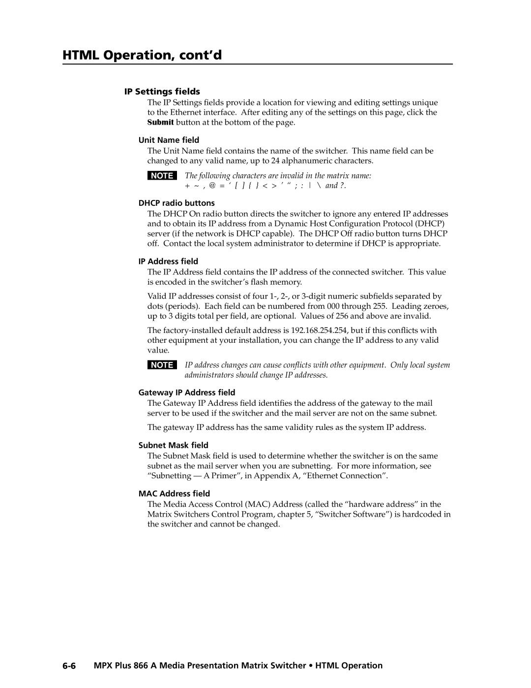 Extron electronic MPX Plus 866 A manual IP Settings fields, Unit Name field, Dhcp radio buttons, IP Address field 