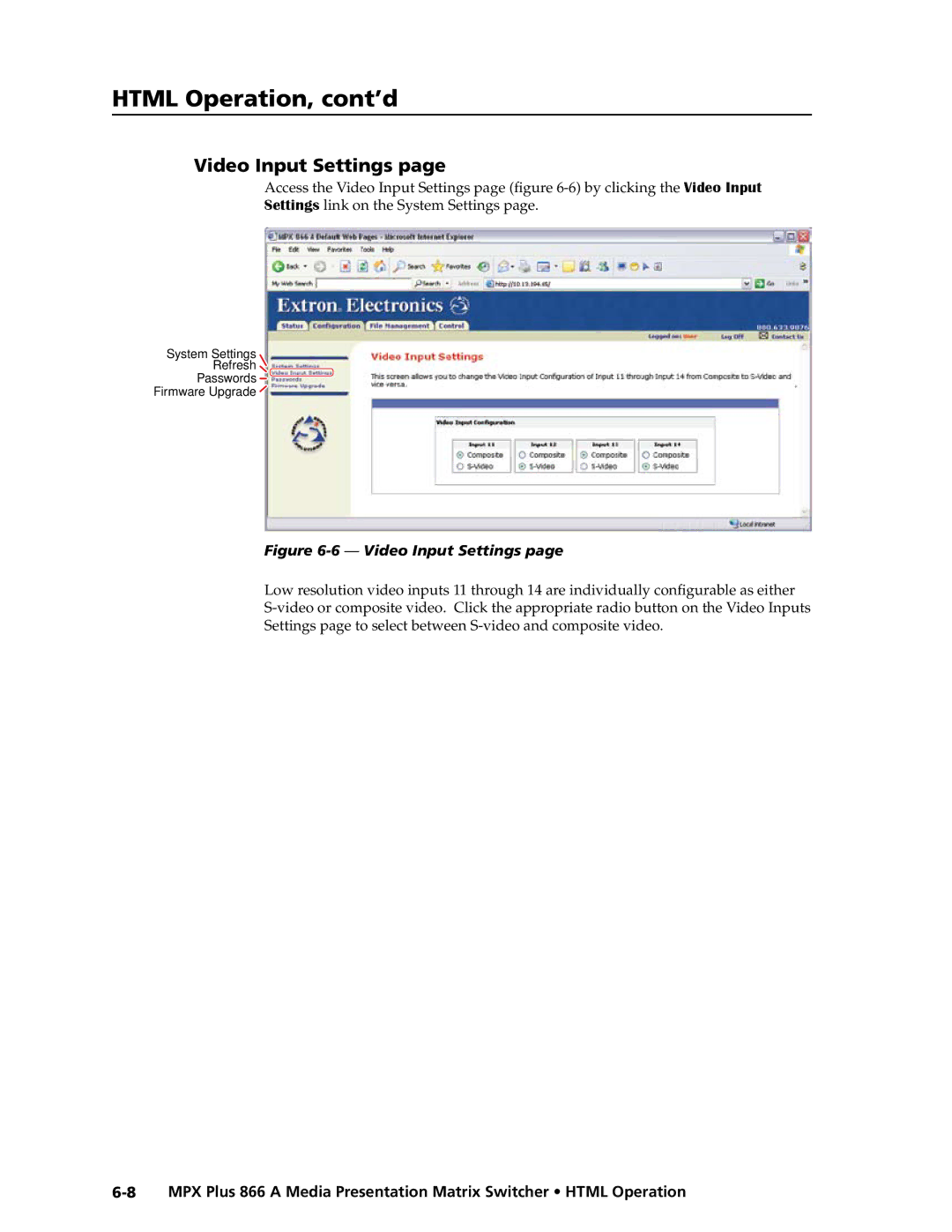 Extron electronic MPX Plus 866 A manual Video Input Settings 