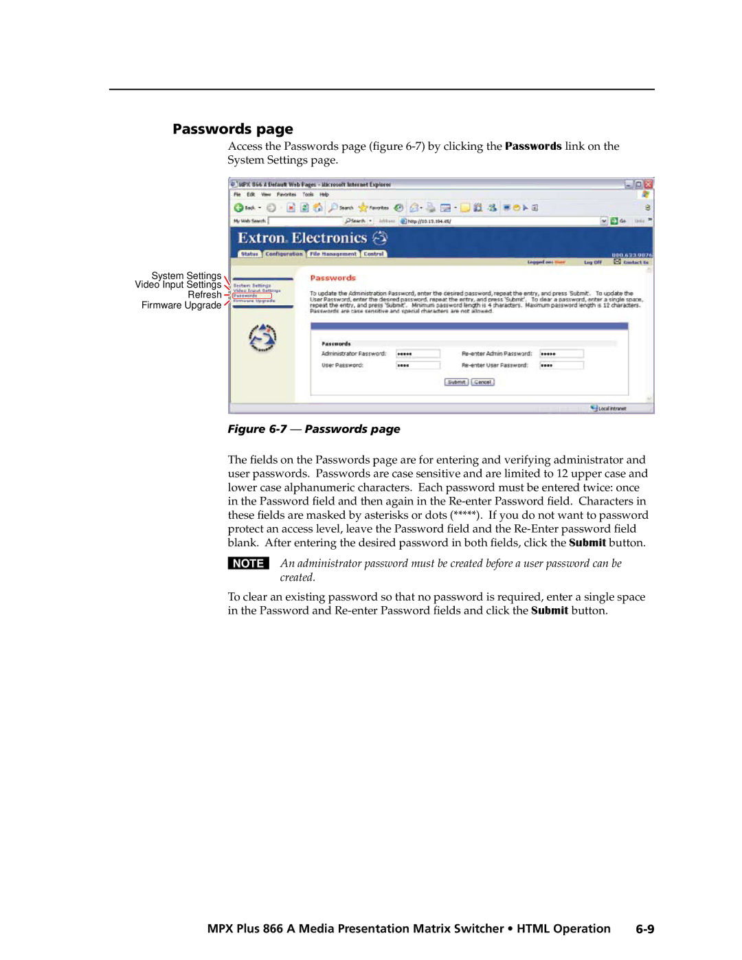 Extron electronic MPX Plus 866 A manual Passwords 