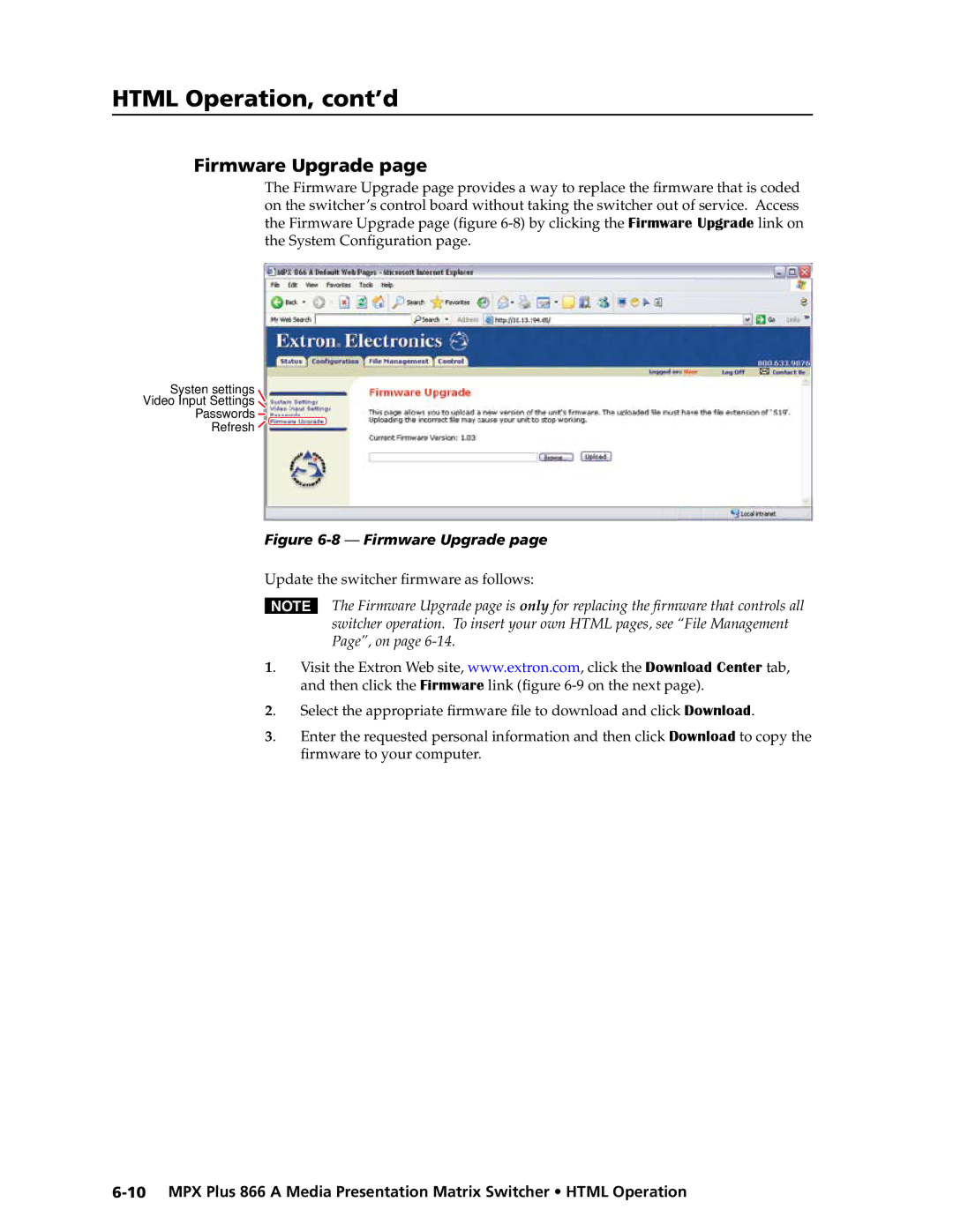 Extron electronic MPX Plus 866 A manual Firmware Upgrade, Then click the Firmware link -9 on the next 