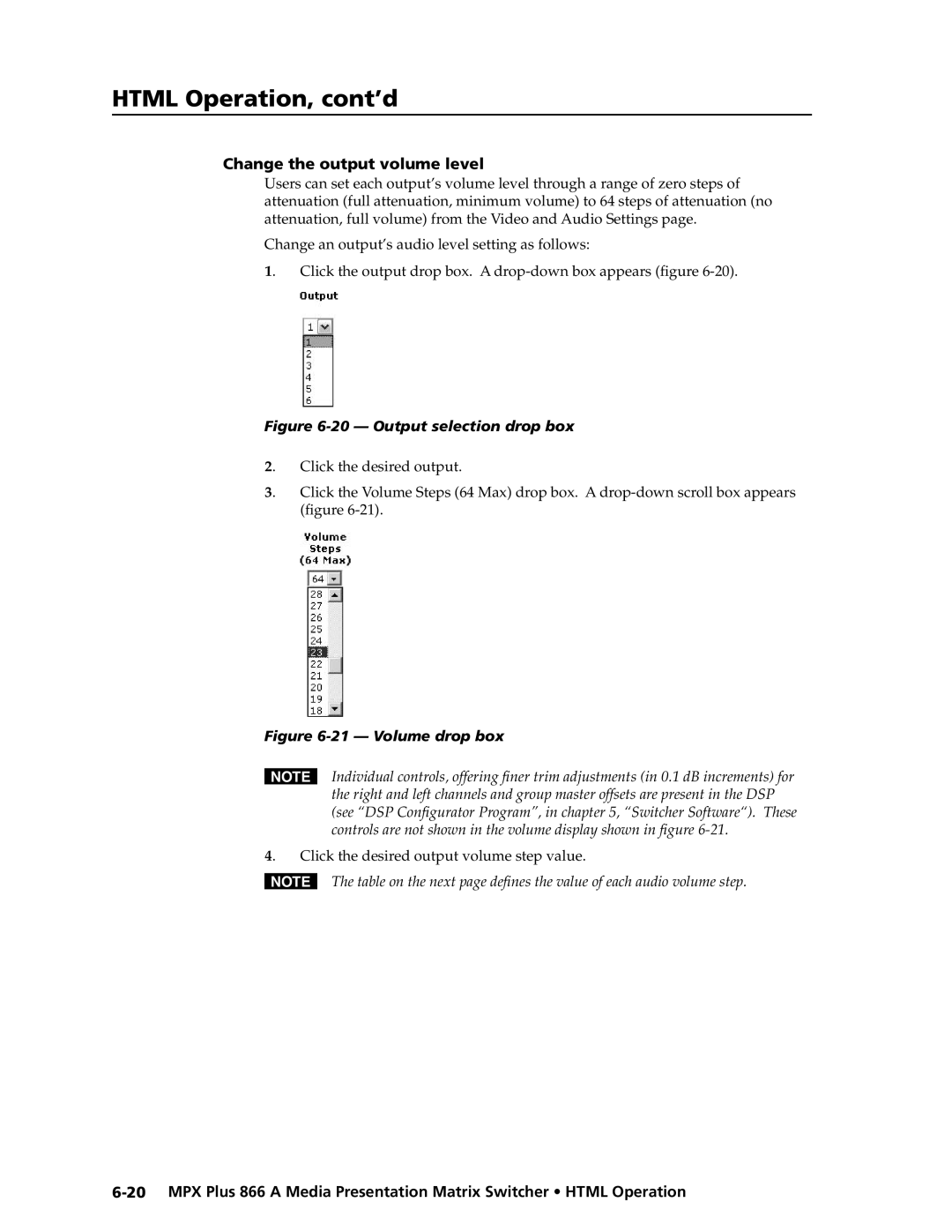 Extron electronic MPX Plus 866 A manual Change the output volume level, Click the desired output volume step value 