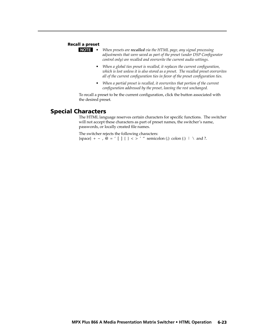 Extron electronic MPX Plus 866 A manual Recall a preset, Space + ~ , @ = ‘ ’ semicolon colon \ and ? 