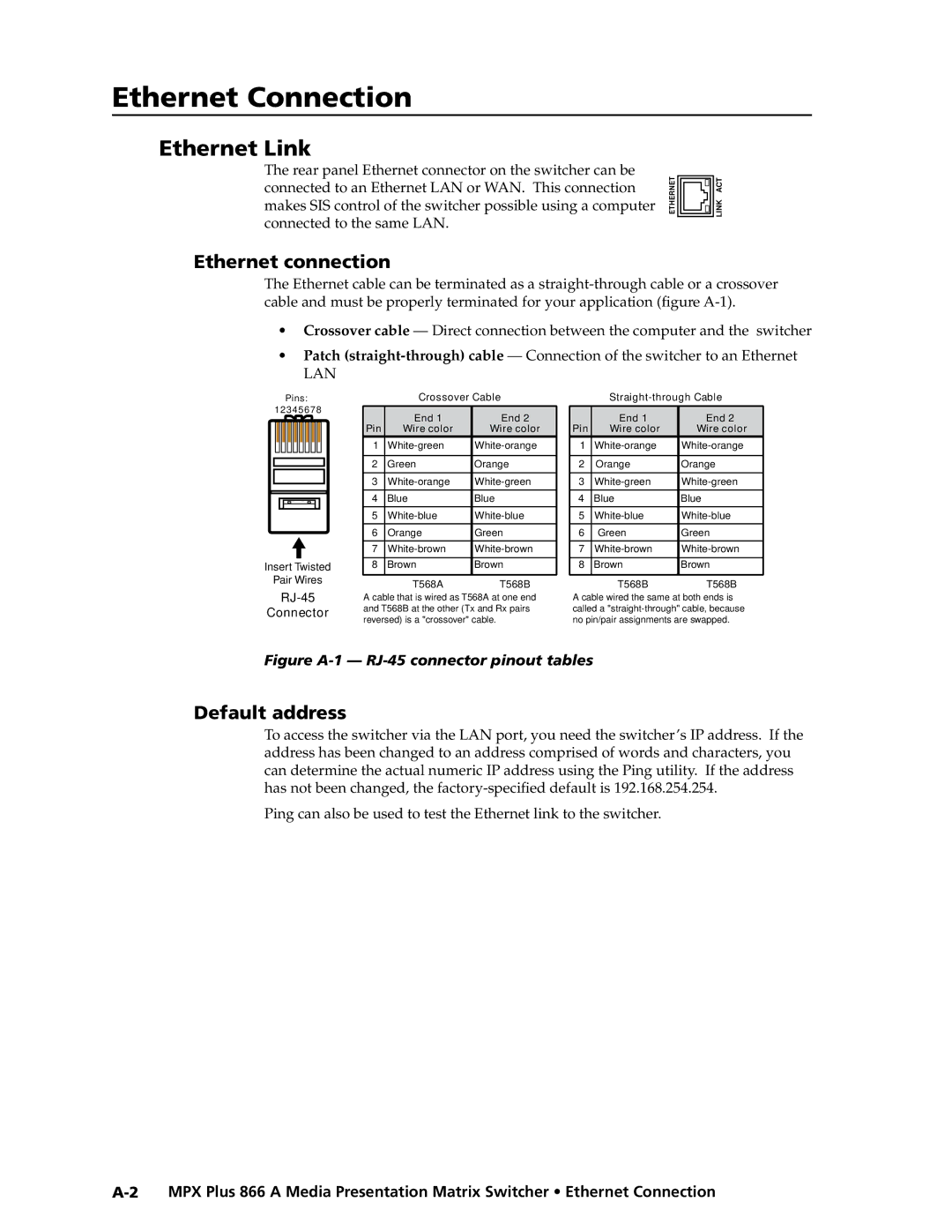 Extron electronic MPX Plus 866 A Ethernet Link, Default address, Rear panel Ethernet connector on the switcher can be 