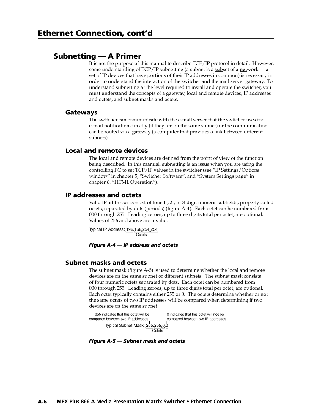 Extron electronic MPX Plus 866 A manual Subnetting a Primer, Gateways, Local and remote devices, IP addresses and octets 